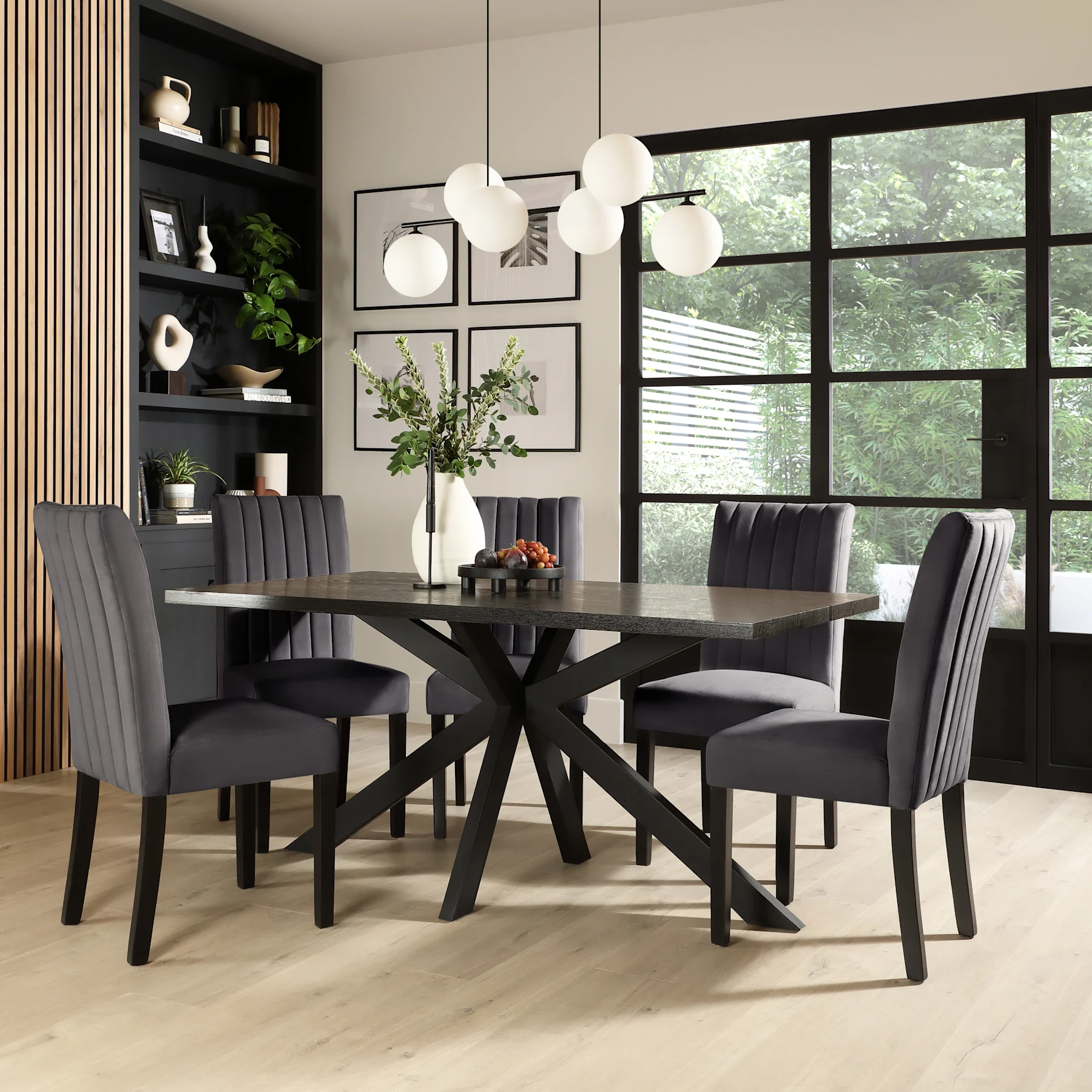 Madison Dining Table & 6 Salisbury Chairs, Black Oak Effect & Black Steel, Slate Grey Classic Plush Fabric & Black Solid Hardwood, 160cm