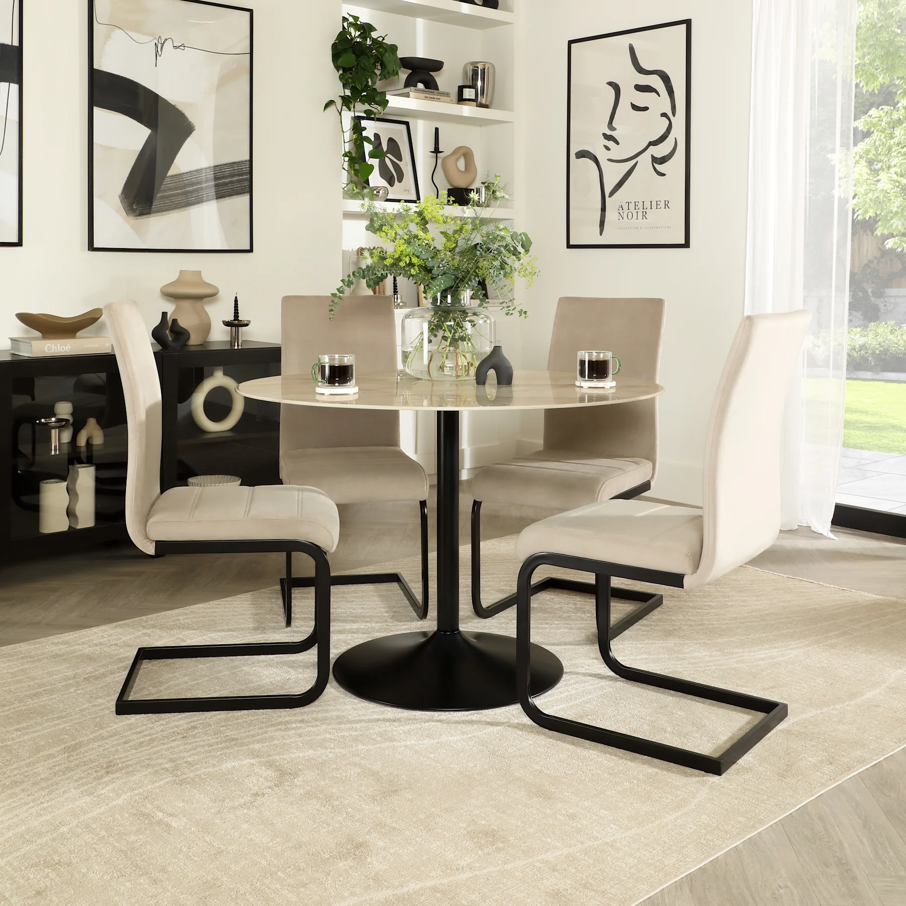 Orbit Round Dining Table & 2 Perth Chairs, Beige Marble Effect & Black Steel, Champagne Classic Velvet, 110cm