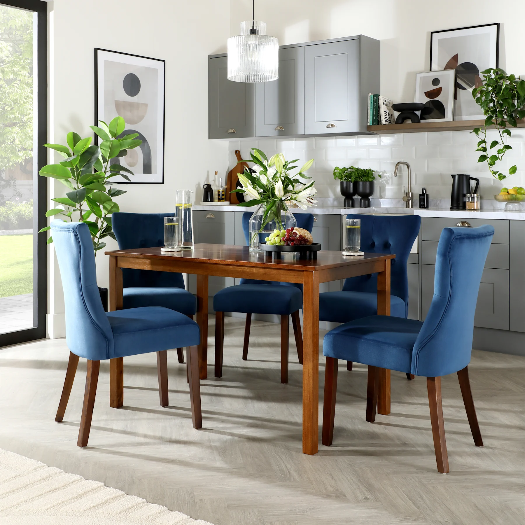 Milton Dining Table & 6 Bewley Chairs, Dark Solid Hardwood, Blue Classic Velvet, 120cm