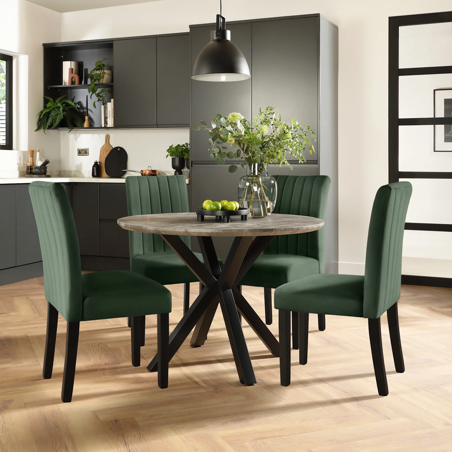 Newark Round Industrial Dining Table & 4 Salisbury Chairs, Grey Concrete Effect & Black Steel, Moss Green Classic Velvet & Black Solid Hardwood, 110cm