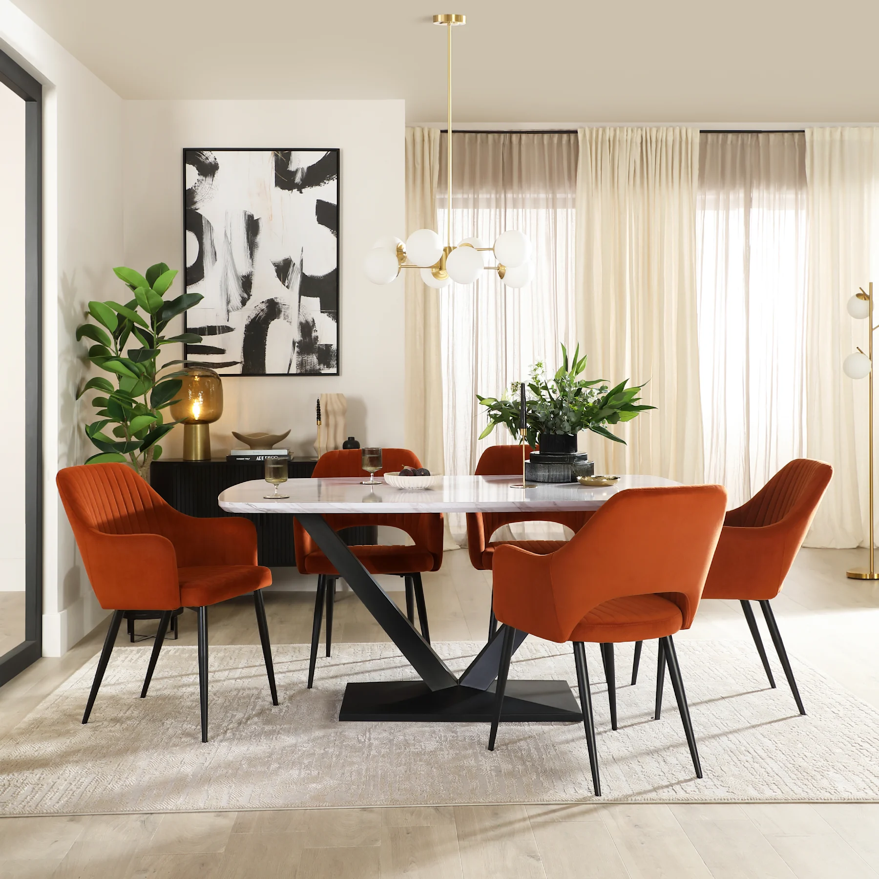 Avanta Dining Table & 4 Clara Dining Chairs, Grey Marble Effect & Black Steel, Burnt Orange Classic Velvet, 160cm