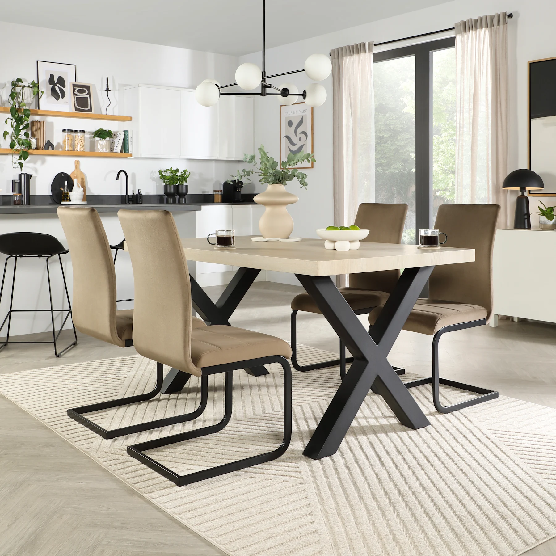 Franklin Dining Table & 4 Perth Chairs, Light Oak Effect & Black Steel, Beige Classic Velvet, 150cm