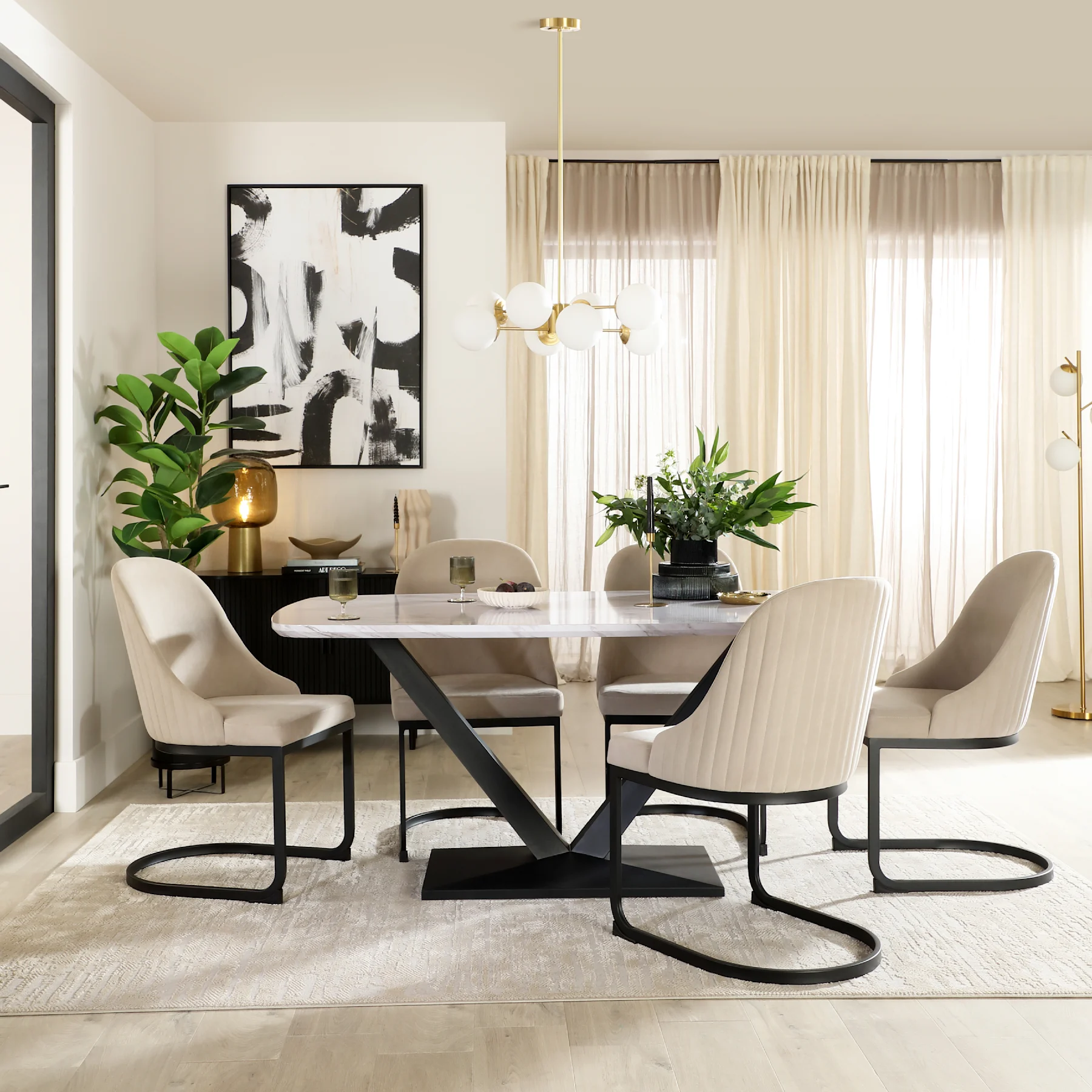 Avanta Dining Table & 4 Riva Dining Chairs, Grey Marble Effect & Black Steel, Champagne Classic Velvet, 160cm