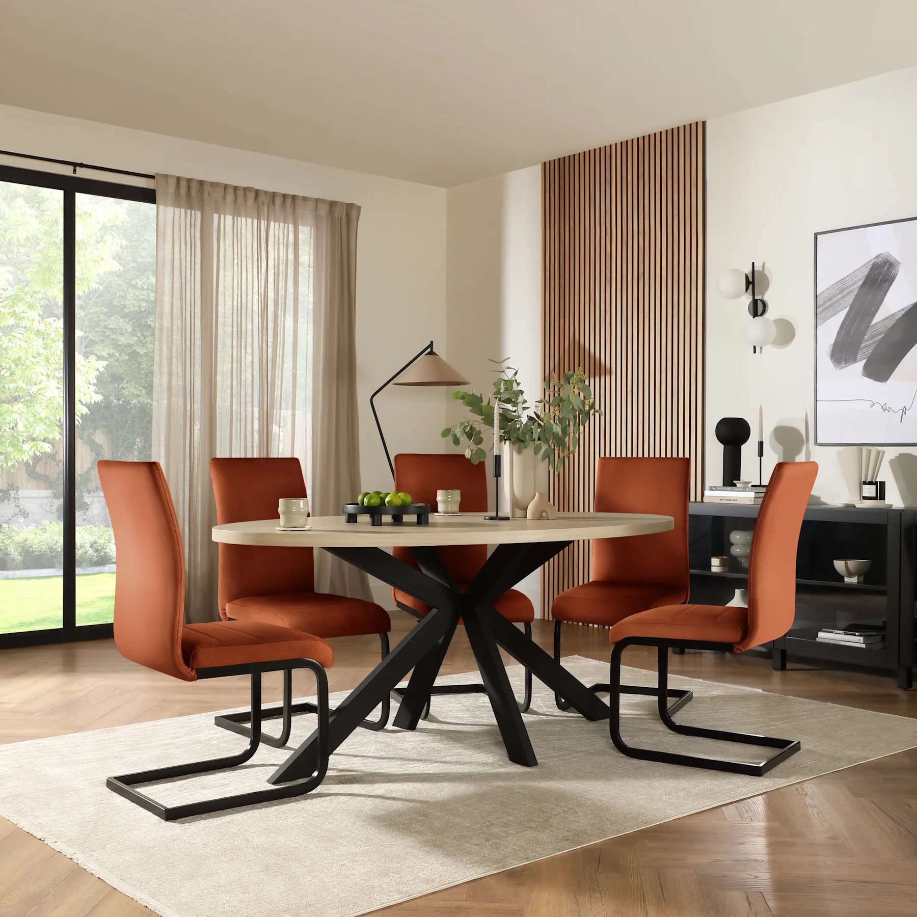 Madison Oval Dining Table & 6 Perth Chairs, Light Oak Effect & Black Steel, Burnt Orange Classic Velvet, 180cm