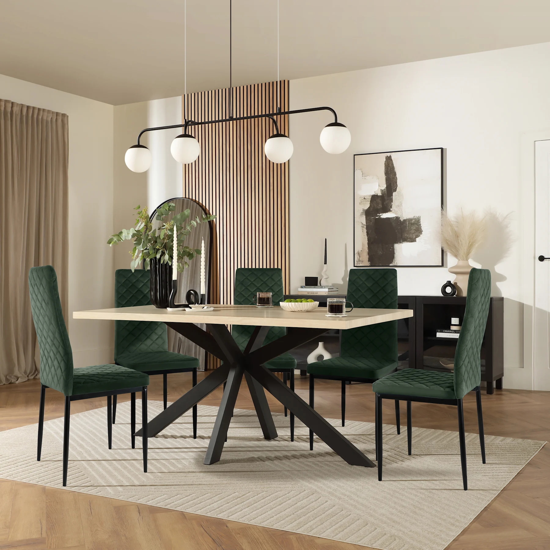 Madison Dining Table & 6 Renzo  Chairs, Light Oak Effect & Black Steel, Moss Green Classic Velvet, 150cm