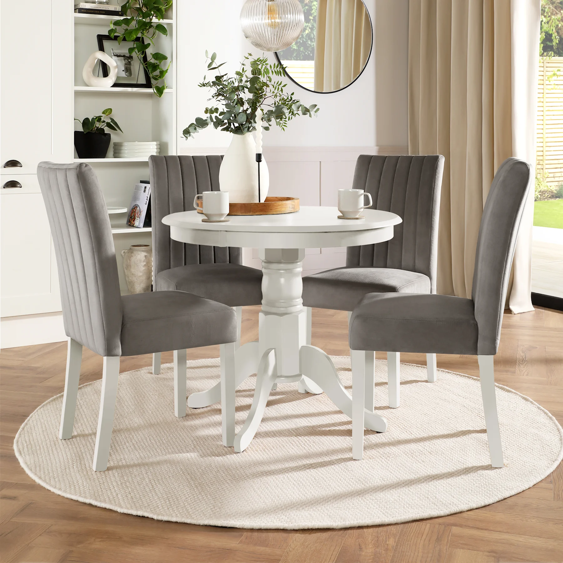 Kingston Round Dining Table & 4 Salisbury Chairs, White Wood, Grey Classic Velvet, 90cm