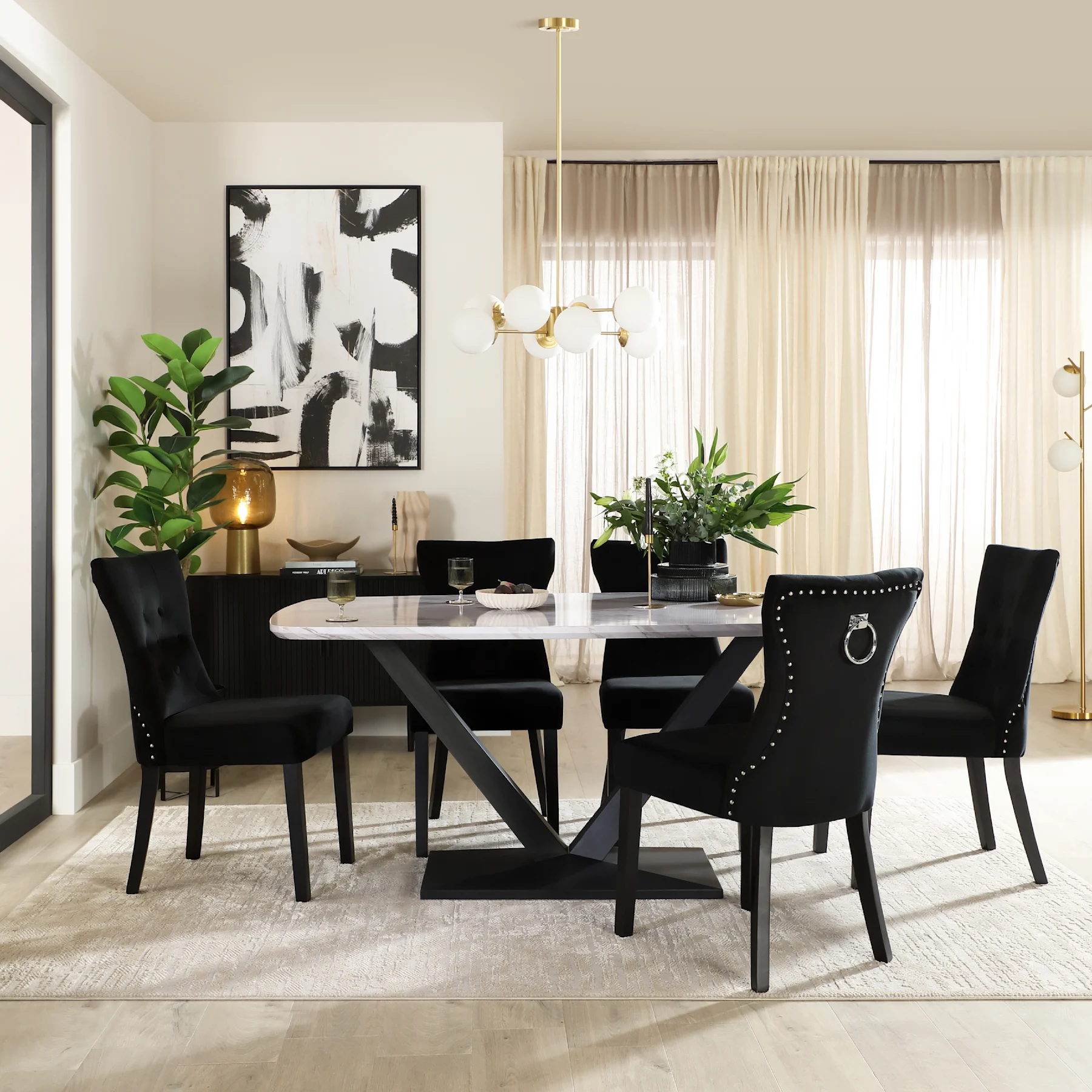 Avanta Dining Table & 4 Kensington Dining Chairs, Grey Marble Effect & Black Steel, Black Classic Velvet & Black Solid Hardwood, 160cm