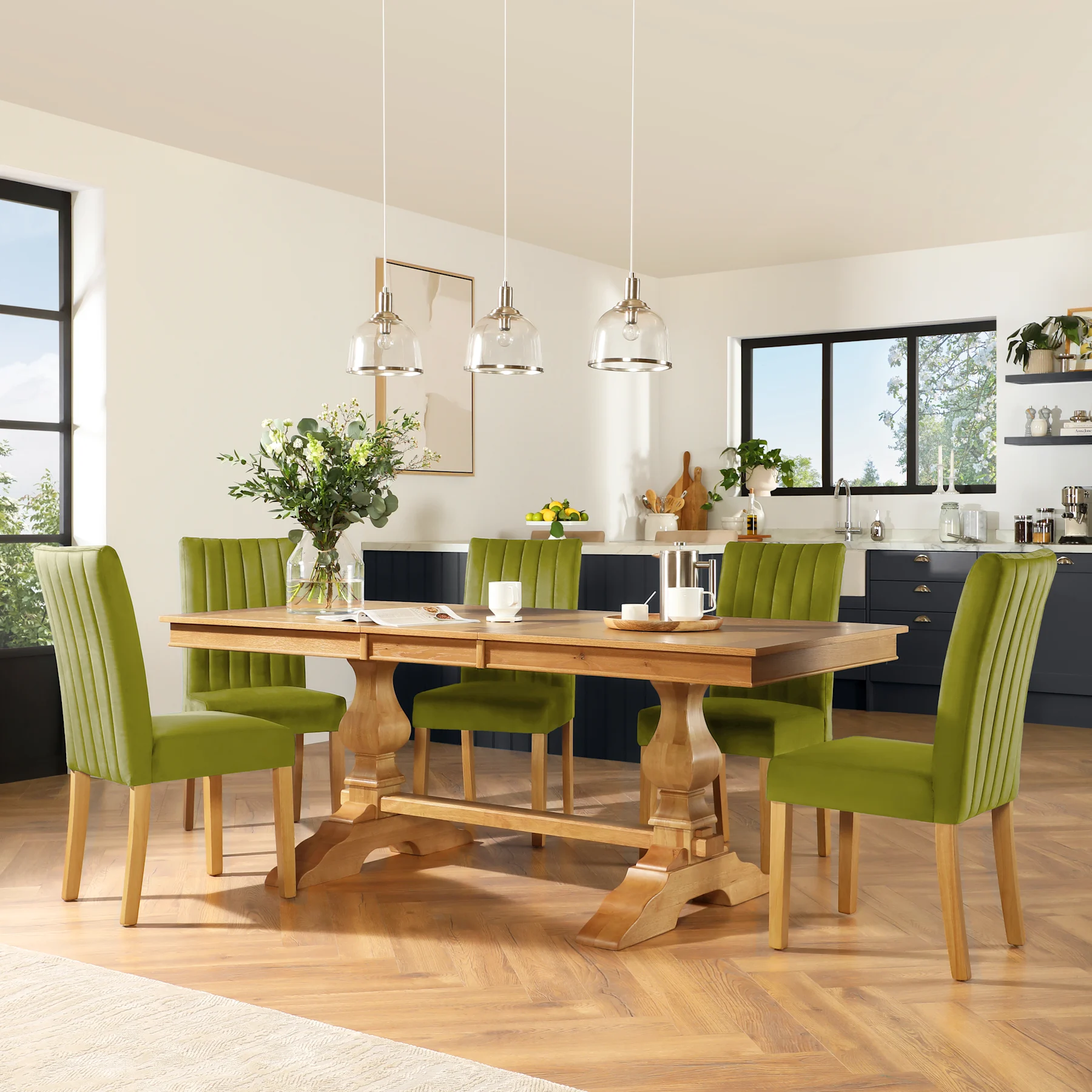 Cavendish Extending Dining Table & 4 Salisbury Chairs, Natural Oak Veneer & Solid Hardwood, Olive Green Classic Velvet & Natural Oak Finished Solid Hardwood, 160-200cm