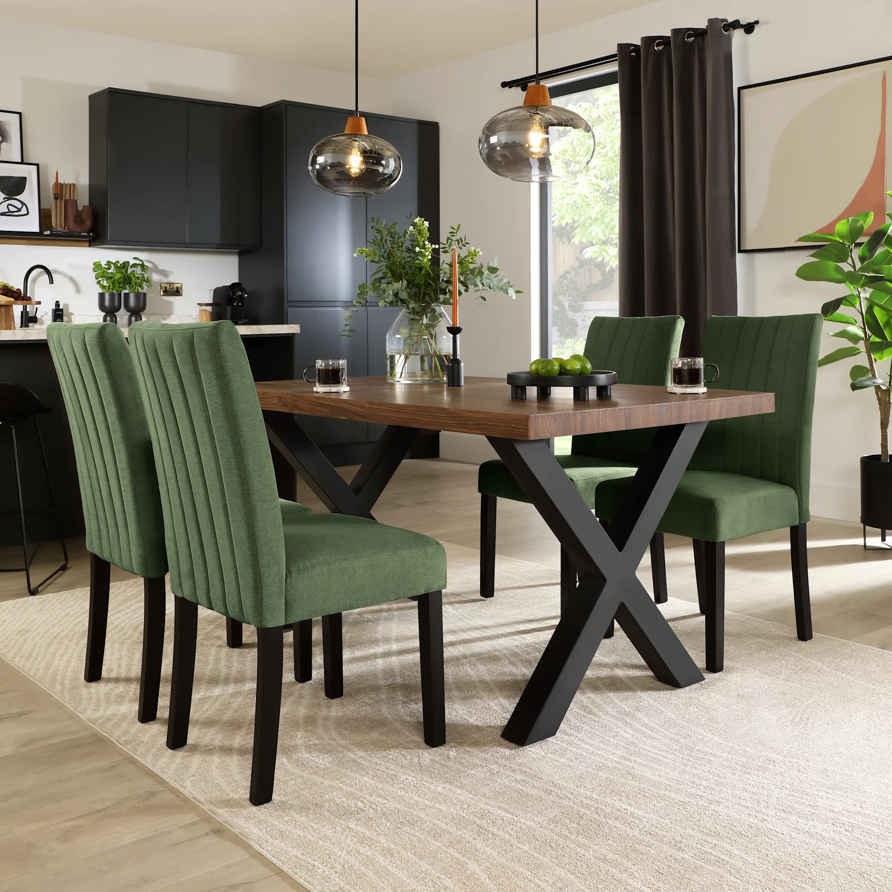 Franklin Industrial Dining Table & 4 Salisbury Chairs, Walnut Effect & Black Steel, Moss Green Classic Plush Fabric & Black Solid Hardwood, 150cm