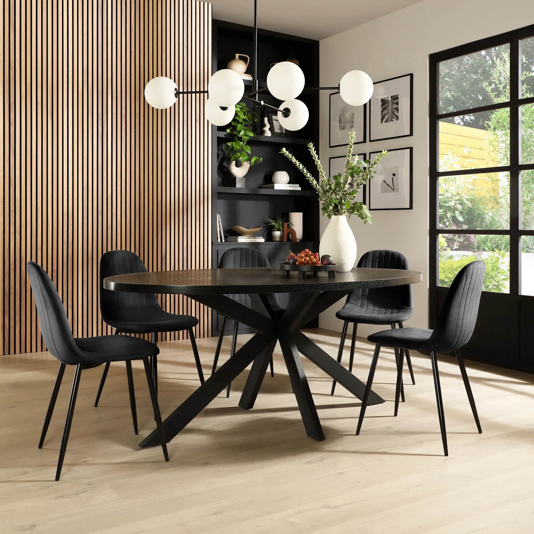 Madison Oval Dining Table & 6 Brooklyn Chairs, Black Oak Effect & Black Steel, Black Classic Velvet, 180cm