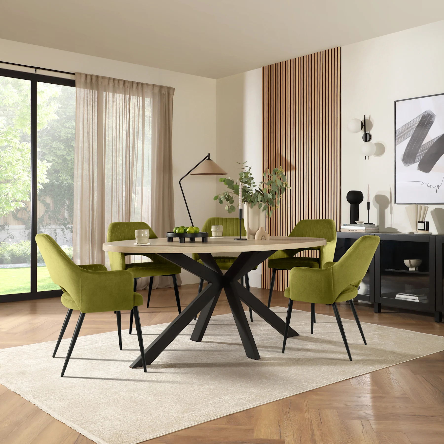 Madison Oval Dining Table & 4 Clara Chairs, Light Oak Effect & Black Steel, Olive Green Classic Velvet, 180cm