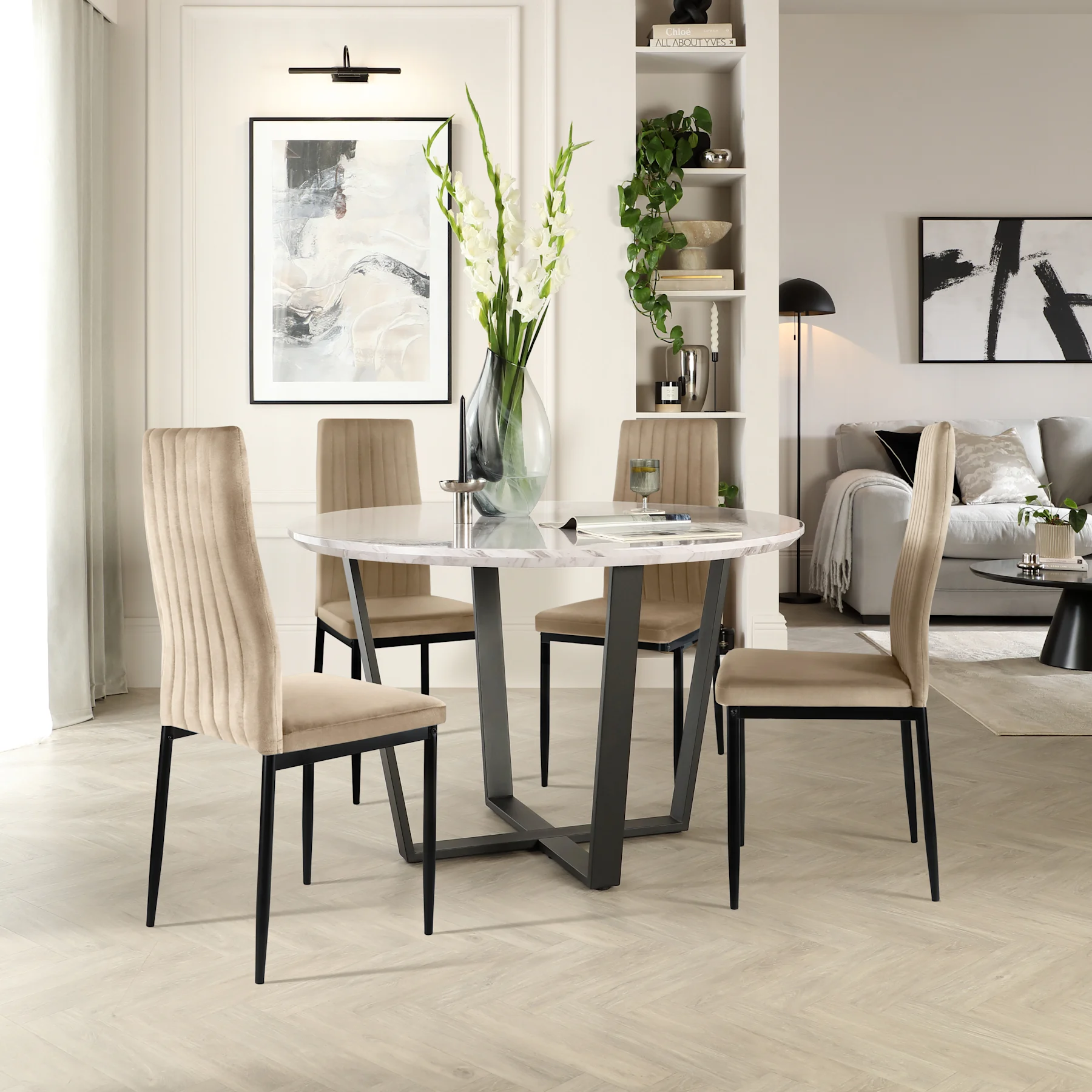 Traviso Round Dining Table & 4 Leon Chairs, Grey Marble Effect & Black Steel, Champagne Classic Velvet, 120cm