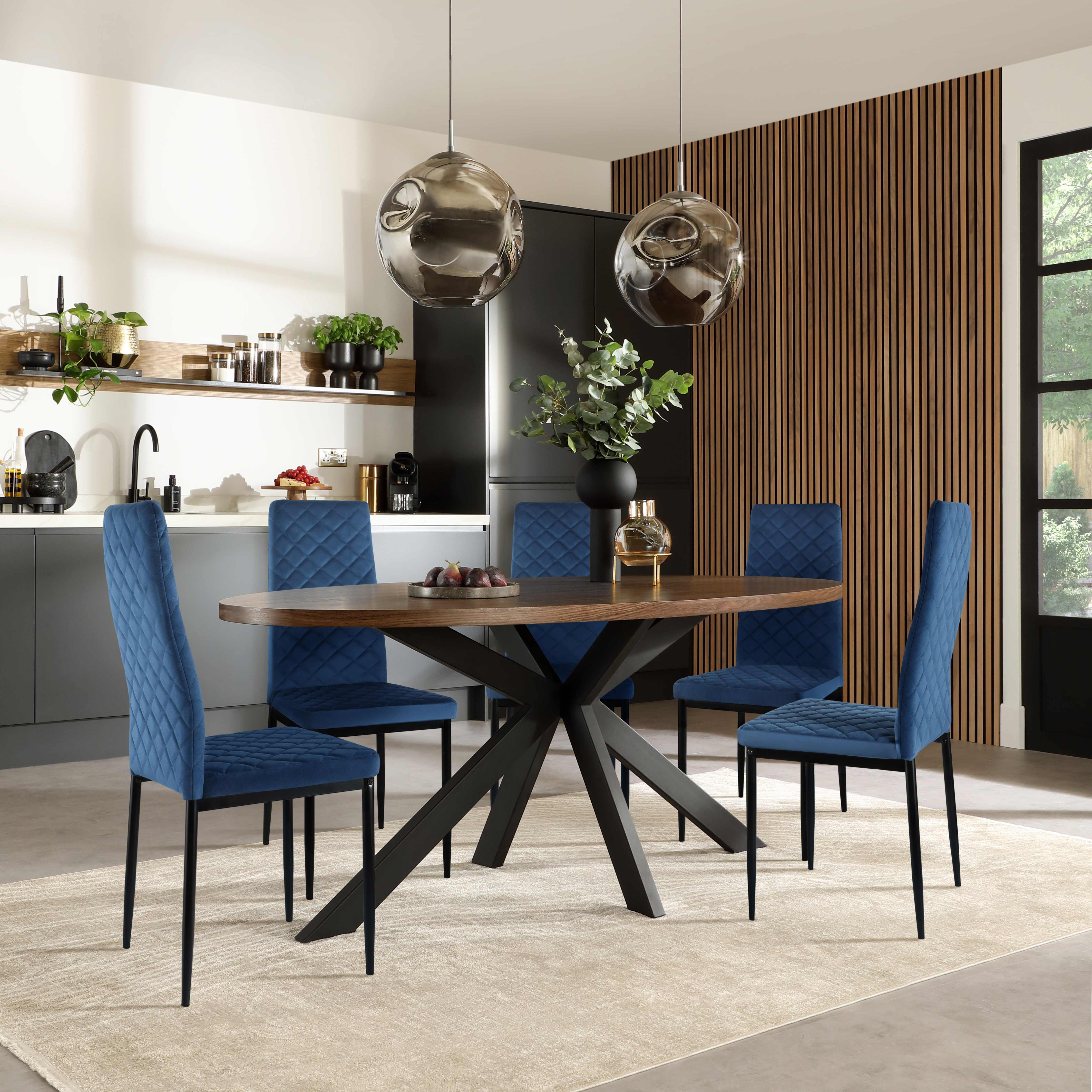 Madison Oval Industrial Dining Table & 6 Renzo Chairs, Walnut