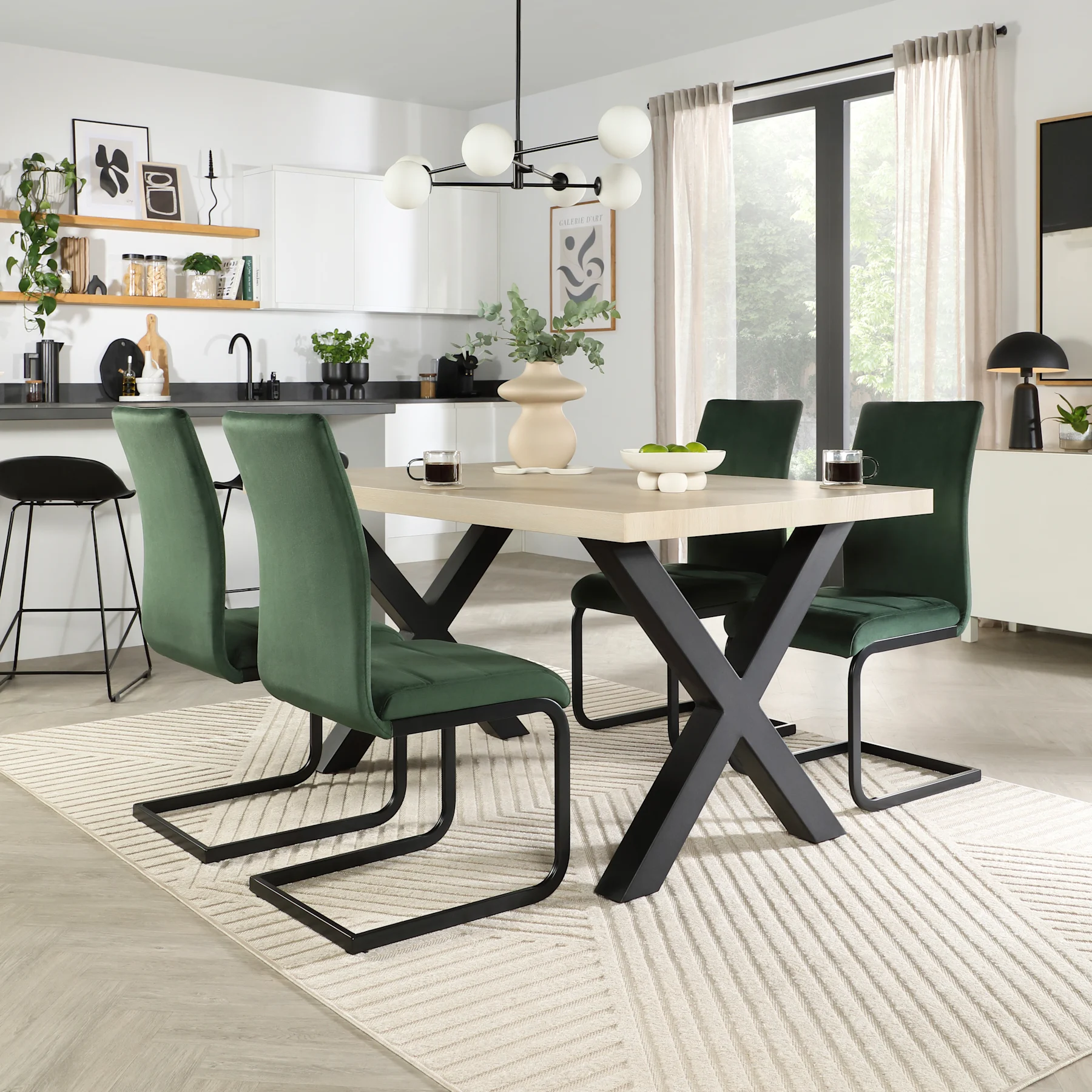 Franklin Dining Table & 4 Perth Chairs, Light Oak Effect & Black Steel, Moss Green Classic Velvet, 150cm