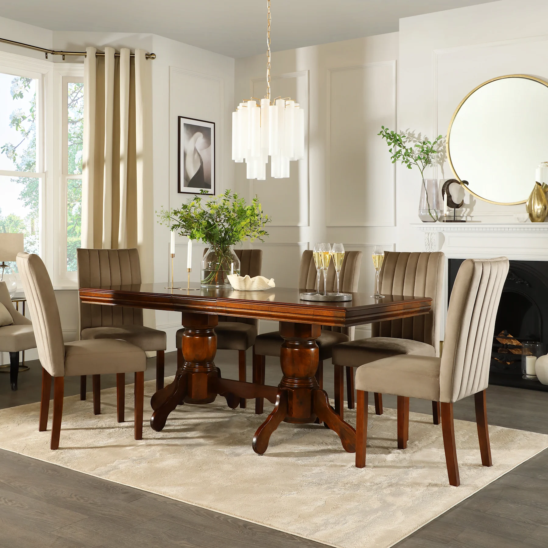 Chatsworth Extending Dining Table & 6 Salisbury Chairs, Dark Solid Hardwood, Beige Classic Velvet, 150-180cm
