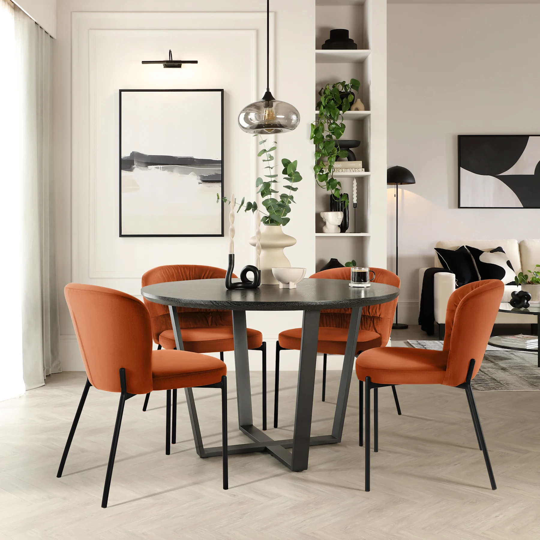 Traviso Round Dining Table & 2 Gianna Chairs, Black Oak Effect & Black Steel, Burnt Orange Classic Velvet, 120cm
