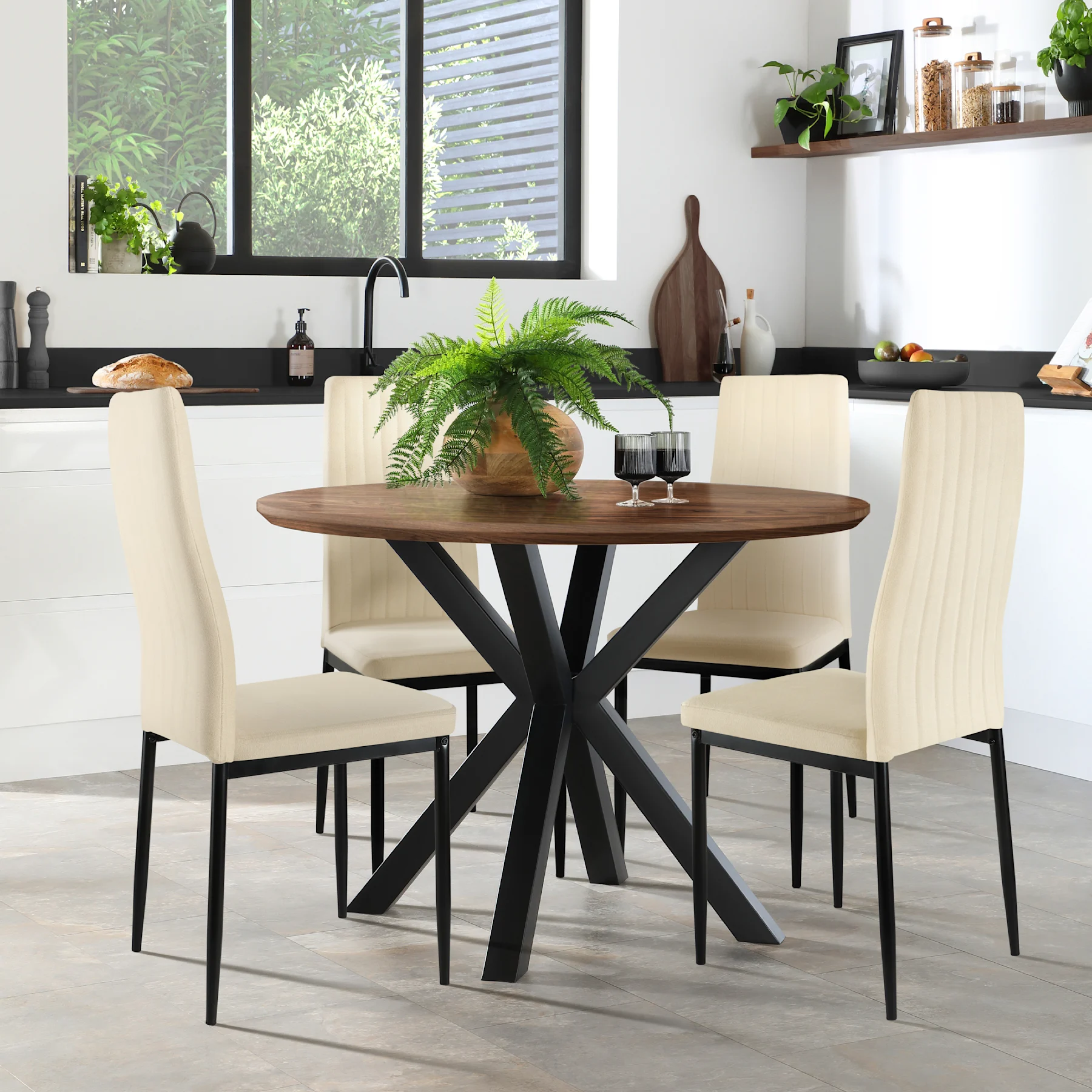 Newark Round Industrial Dining Table & 4 Leon  Chairs, Walnut Effect & Black Steel, Ivory Classic Plush Fabric, 150cm