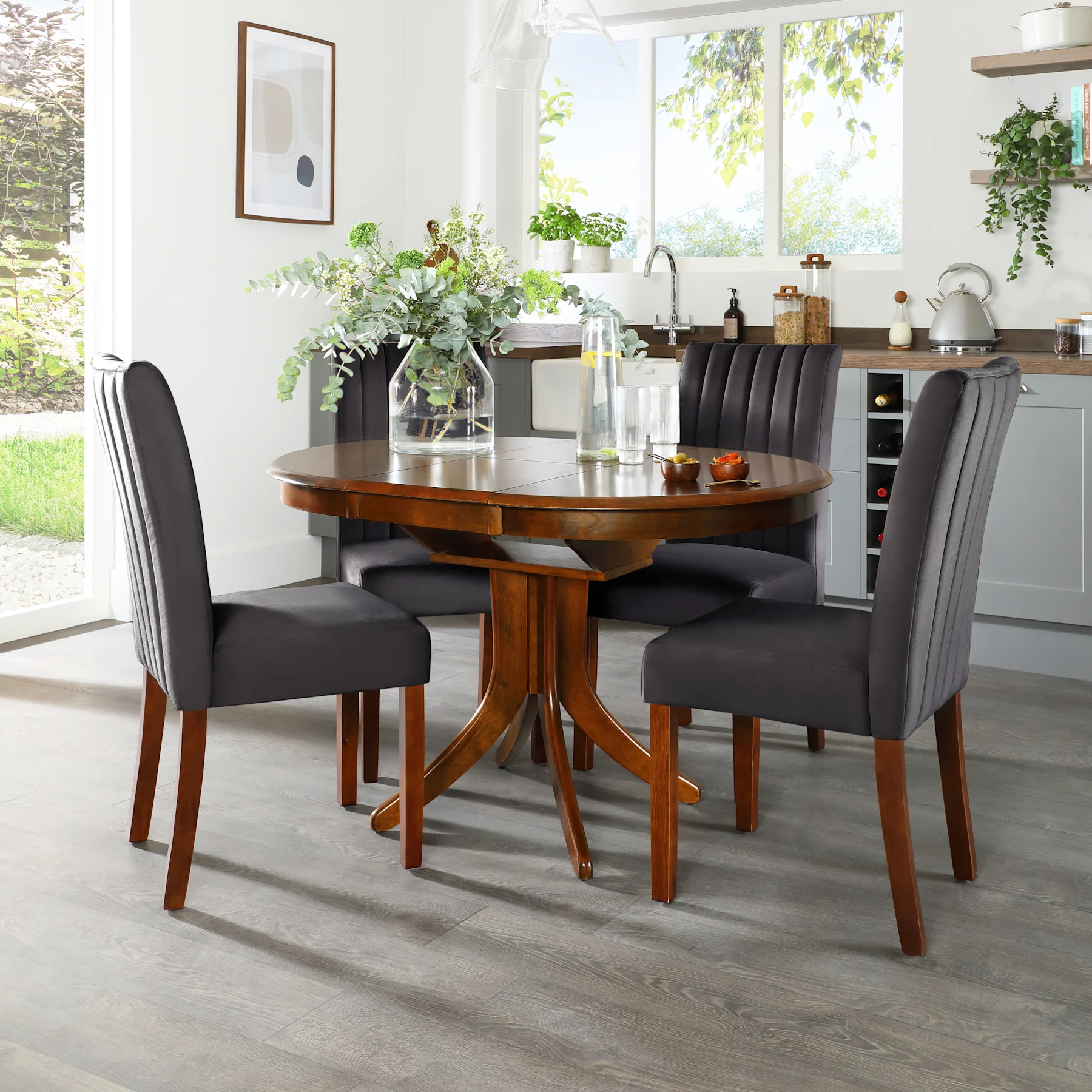 Hudson Round Extending Dining Table & 6 Salisbury Chairs, Dark Solid Hardwood, Slate Grey Classic Plush Fabric, 90-120cm