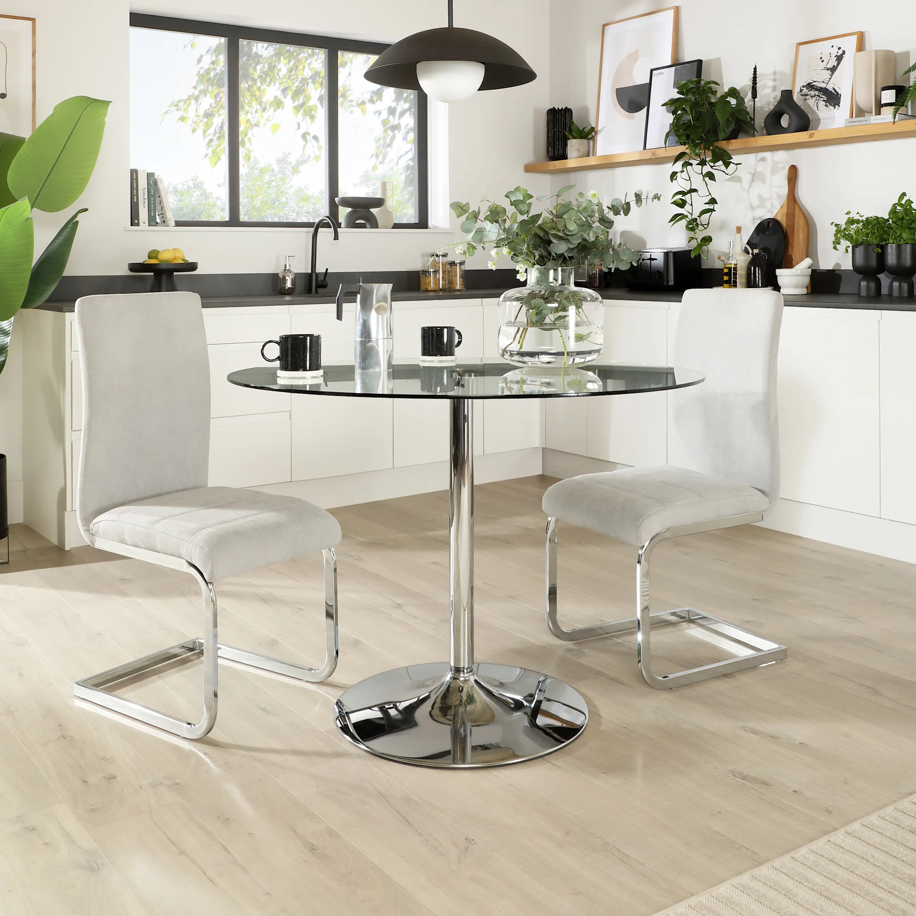 Orbit Round Dining Table & 2 Perth Chairs, Glass & Chrome, Dove Grey Classic Plush Fabric, 110cm