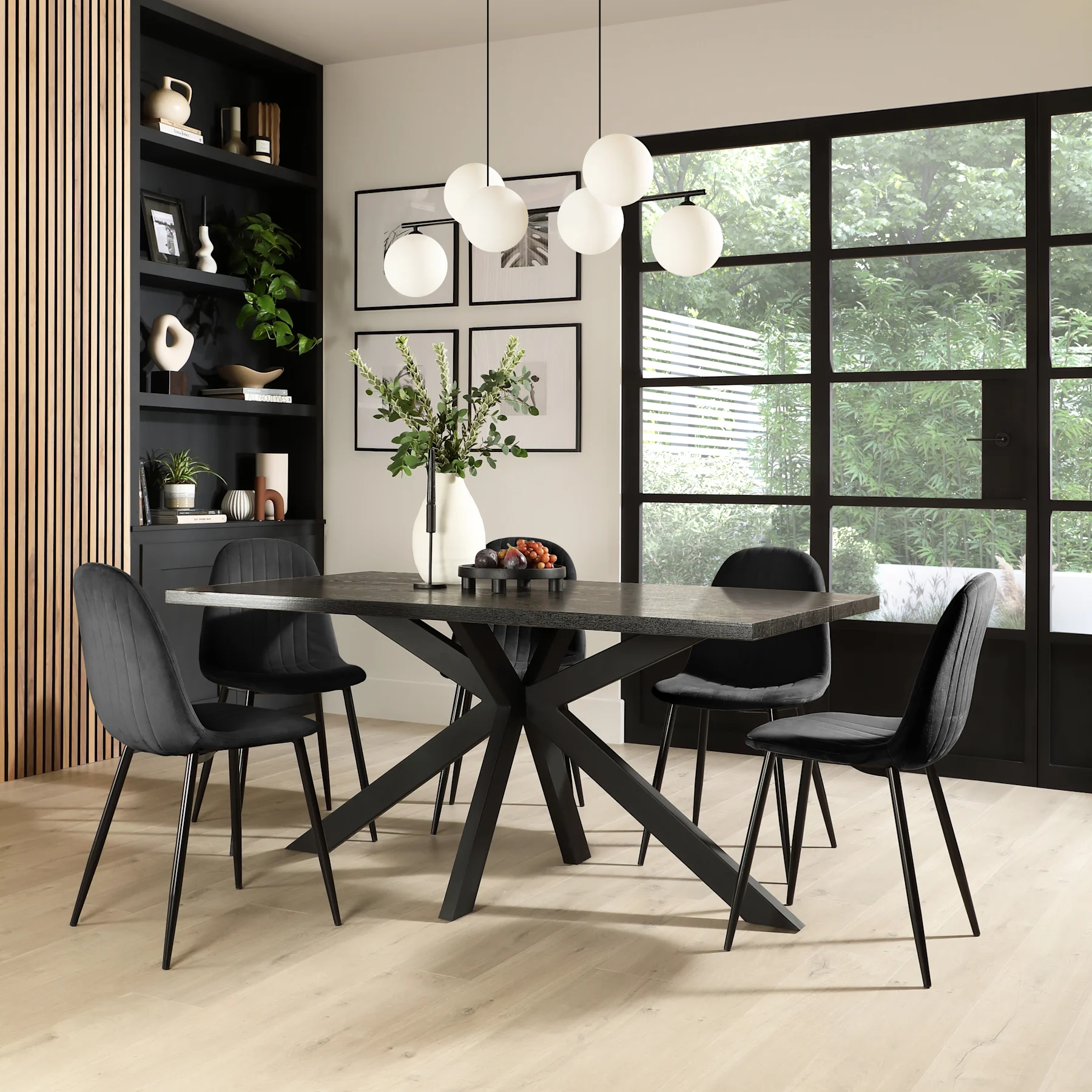 Madison Dining Table & 4 Brooklyn Chairs, Black Oak Effect & Black Steel, Black Classic Velvet, 160cm