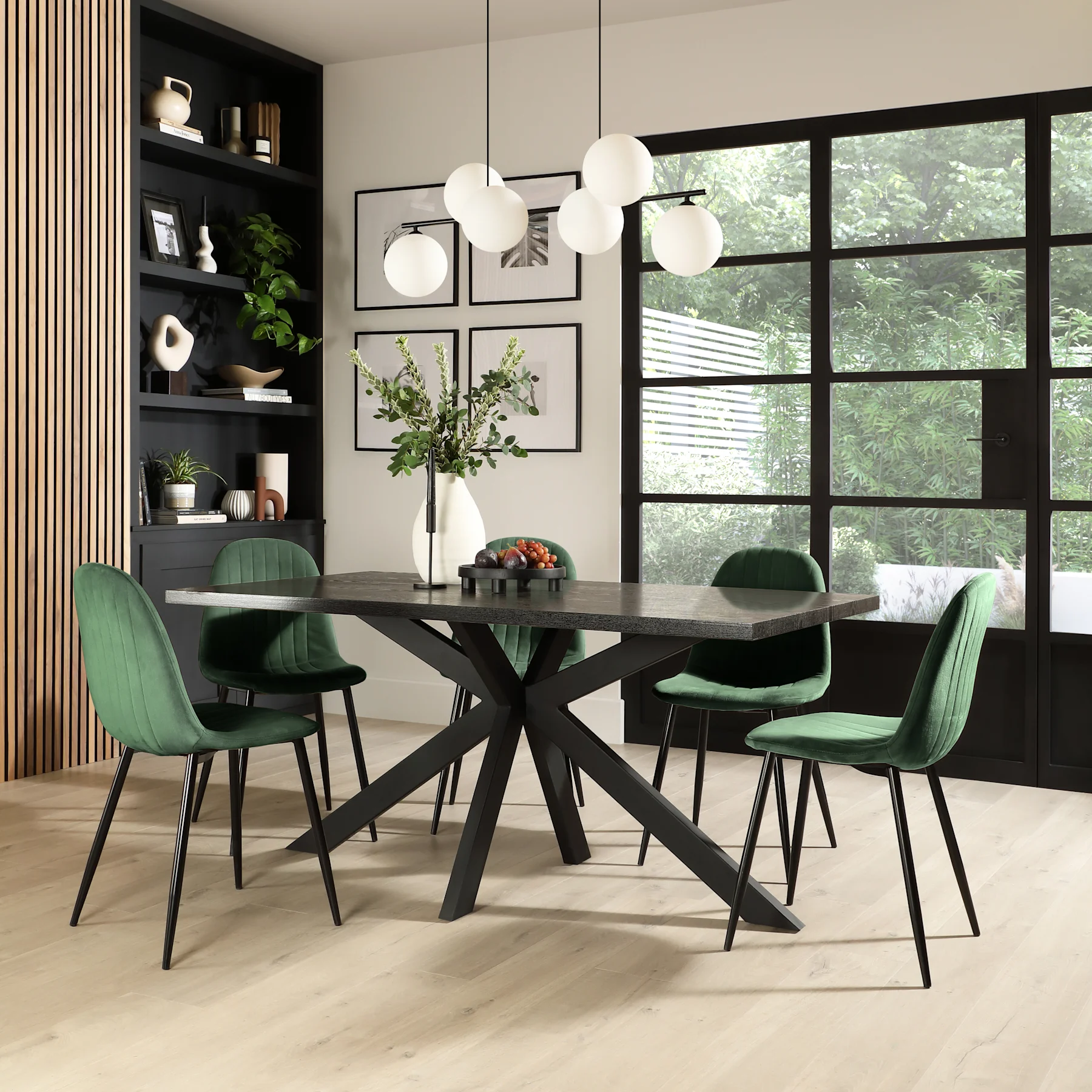 Madison Dining Table & 6 Brooklyn Chairs, Black Oak Effect & Black Steel, Moss Green Classic Velvet, 160cm