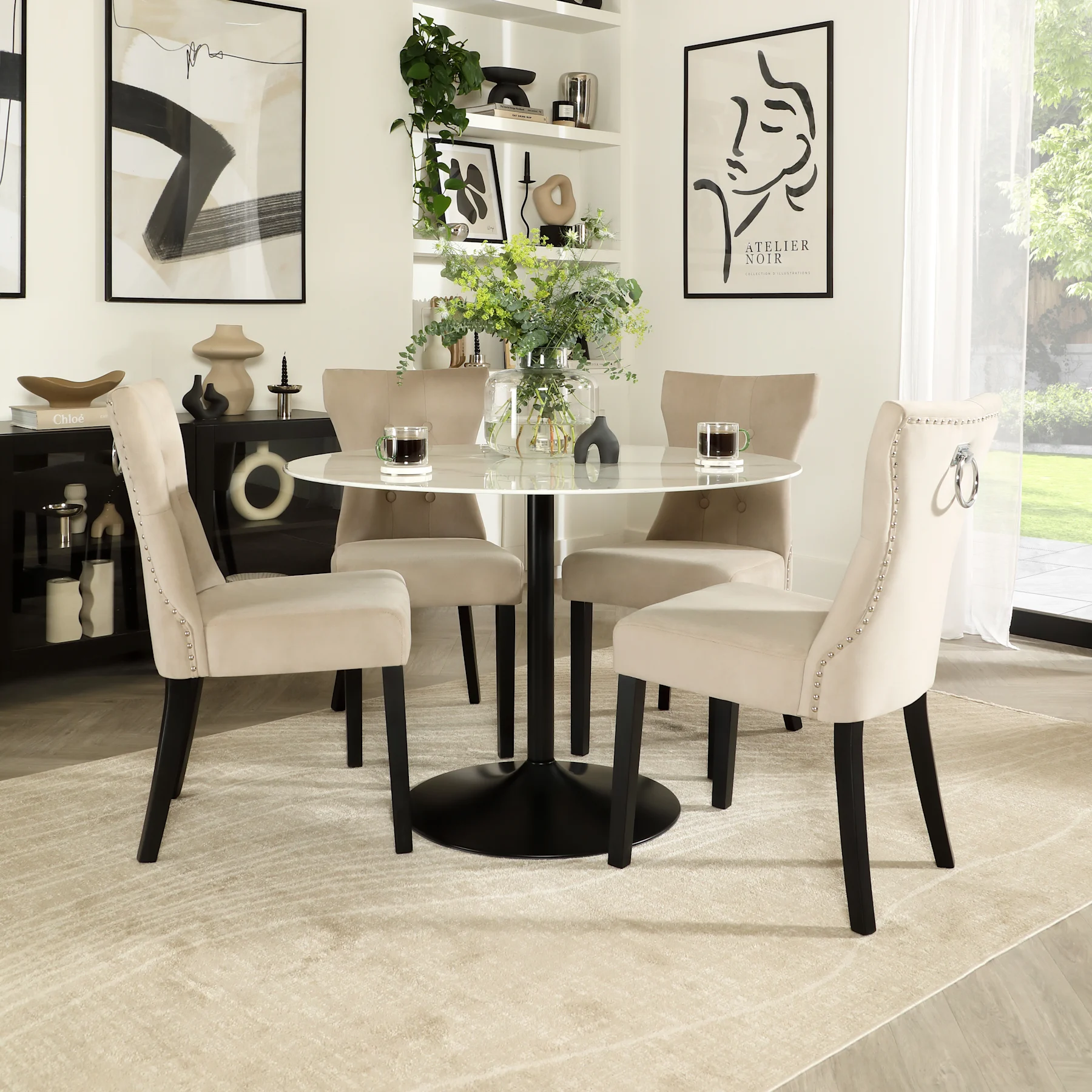 Orbit Round Dining Table & 2 Kensington Chairs, White Marble Effect & Black Solid Hardwood, Champagne Classic Velvet, 110cm