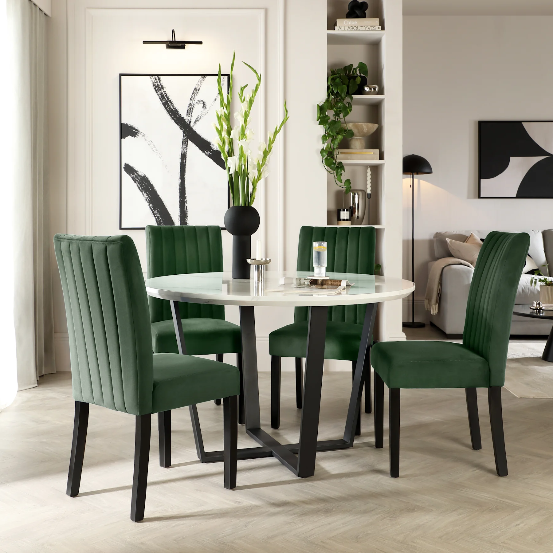 Traviso Round Dining Table & 4 Salisbury Chairs, White Marble Effect & Black Steel, Moss Green Classic Velvet & Black Solid Hardwood, 120cm