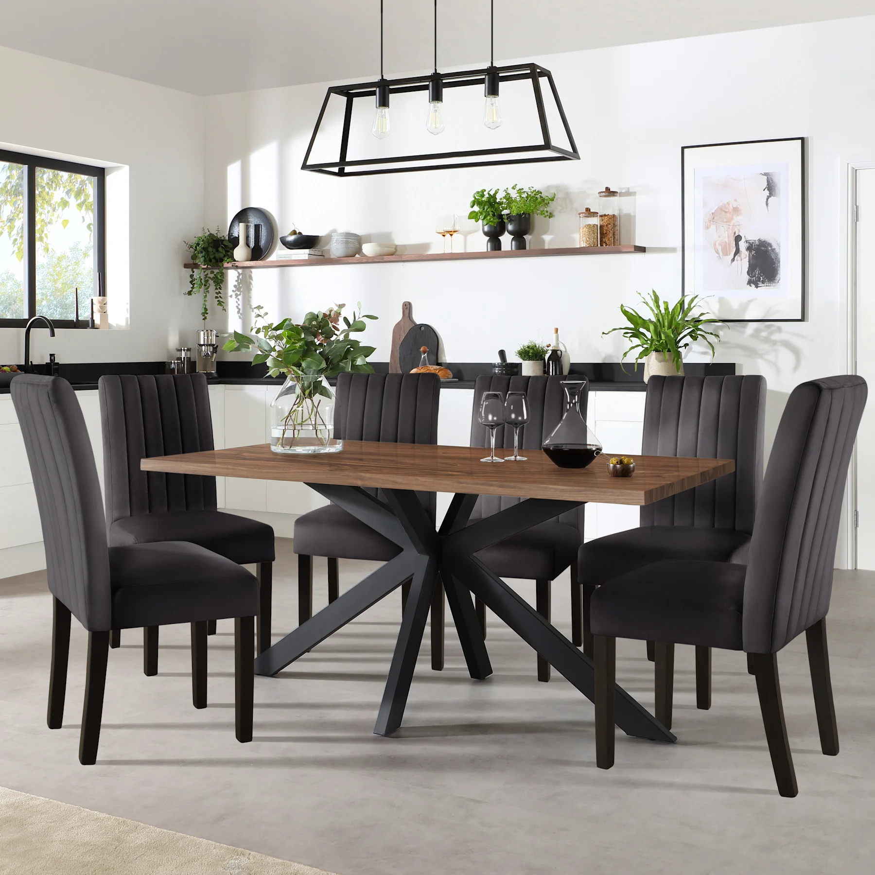 Madison Industrial Dining Table & 6 Salisbury Chairs, Walnut Effect & Black Steel, Slate Grey Classic Plush Fabric & Black Solid Hardwood, 160cm