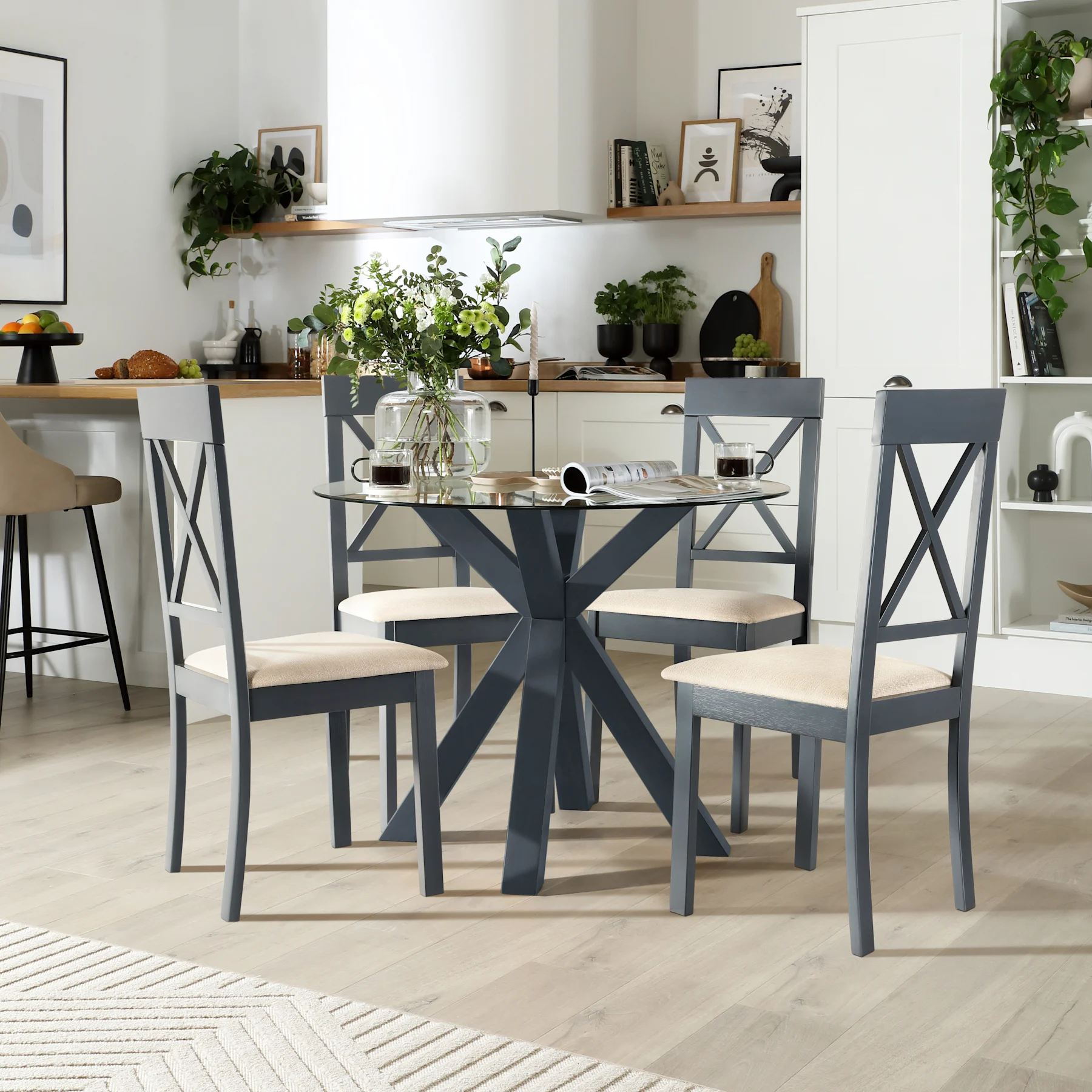 Hatton Round Dining Table & 2 Kendal Chairs, Glass & Slate Blue Solid Hardwood, Oatmeal Classic Linen-Weave Fabric, 100cm