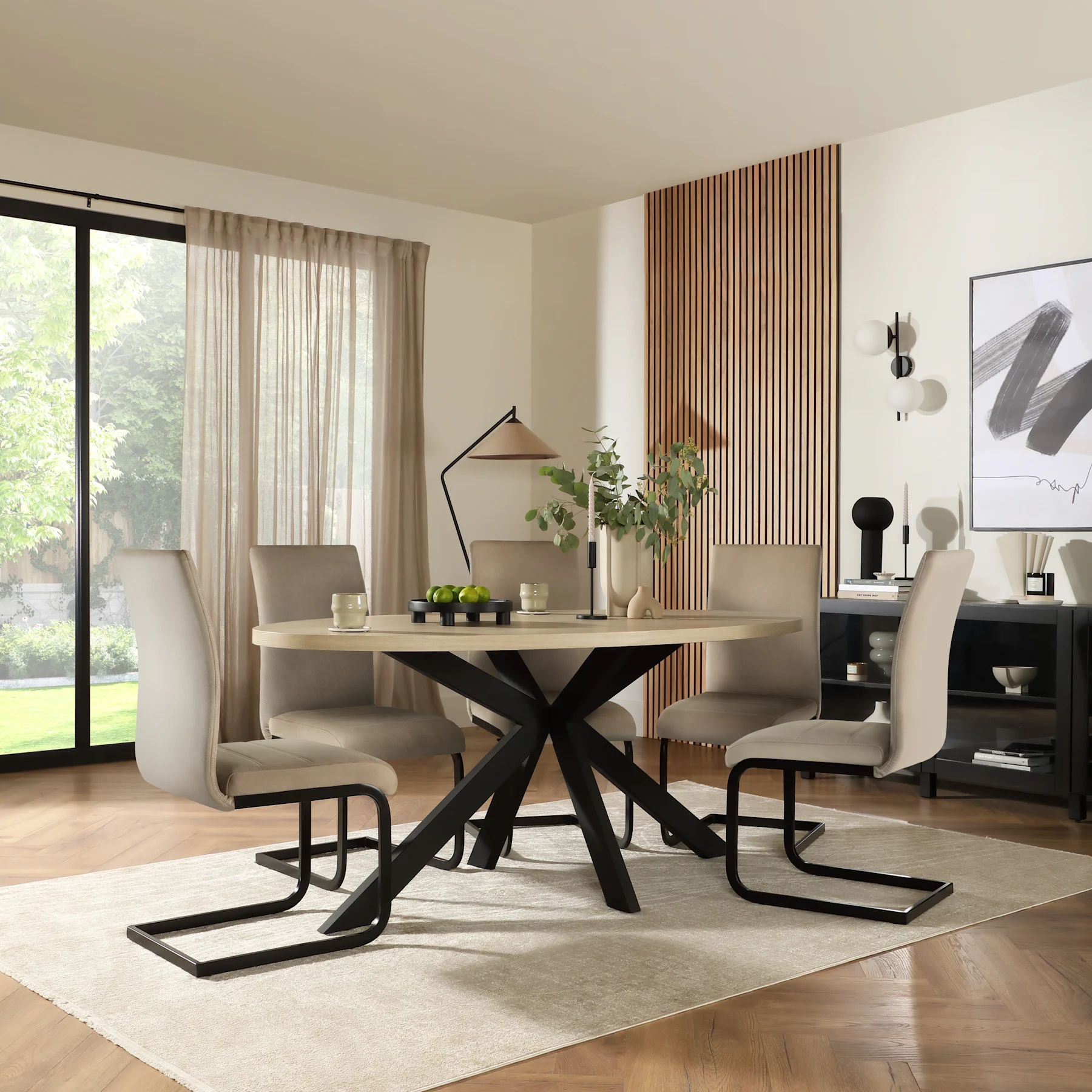 Madison Oval Dining Table & 6 Perth Chairs, Light Oak Effect & Black Steel, Champagne Classic Velvet, 180cm