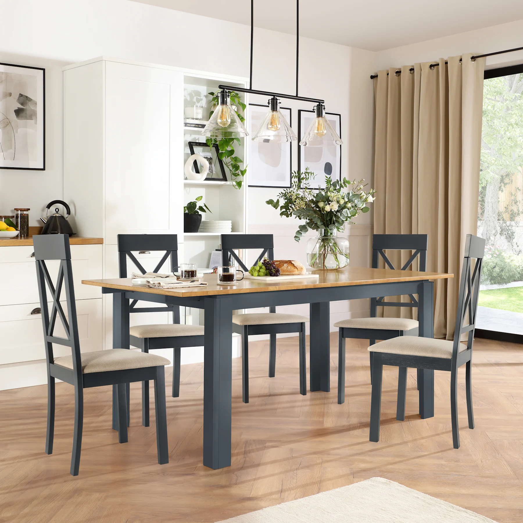 Bali Extending Dining Table & 4 Kendal Chairs, Natural Oak Finish & Slate Blue Solid Hardwood, Oatmeal Classic Linen-Weave Fabric, 150-180cm