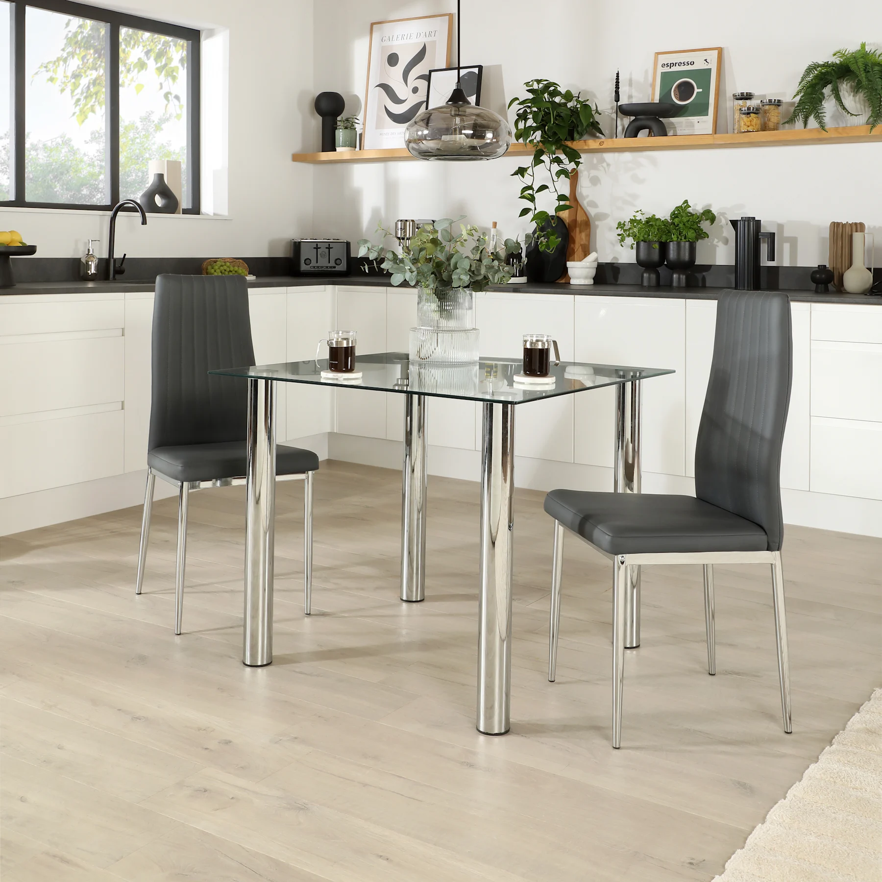 Nova Square Dining Table & 2 Leon Chairs, Glass & Chrome, Grey Premium Faux Leather, 90cm