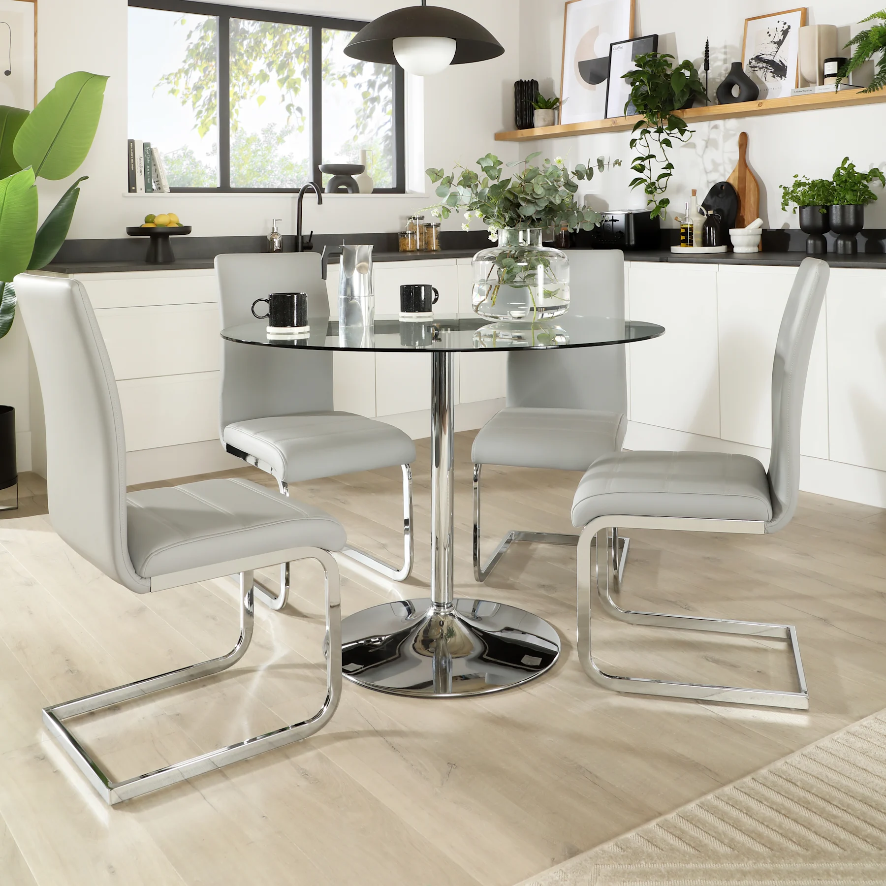 Orbit Round Dining Table & 4 Perth Chairs, Glass & Chrome, Light Grey Premium Faux Leather, 110cm