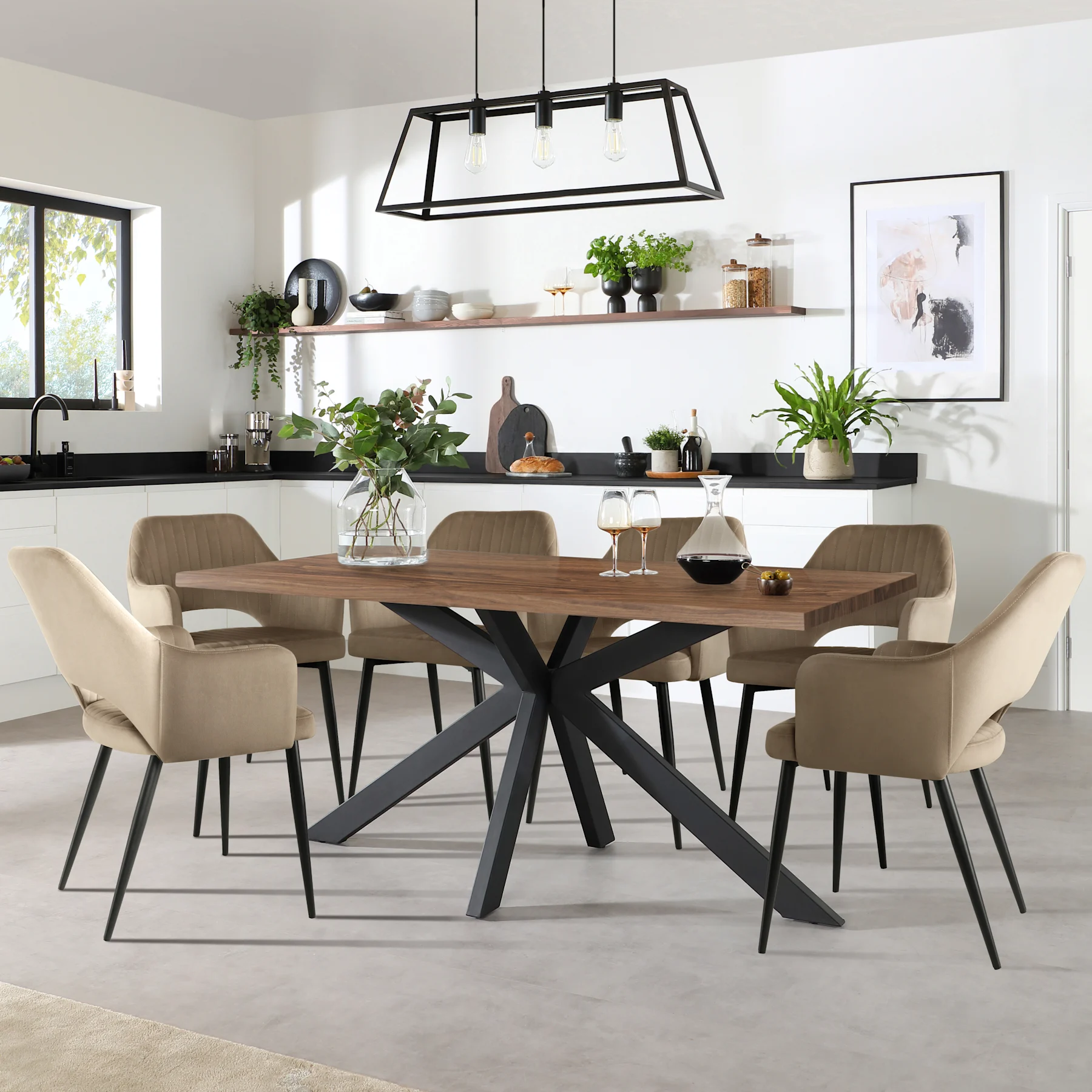 Madison Industrial Dining Table & 6 Clara Chairs, Walnut Effect & Black Steel, Beige Classic Velvet, 160cm