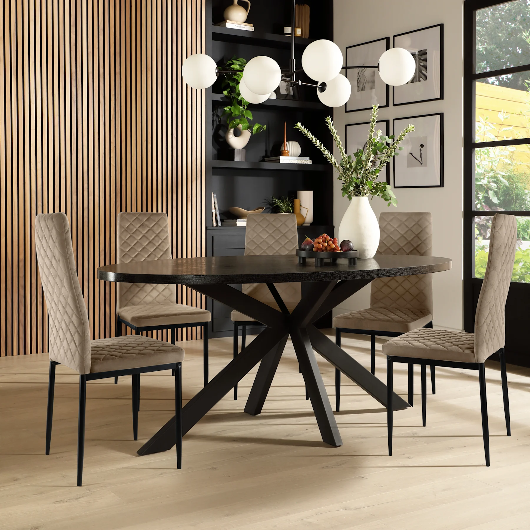 Madison Oval Dining Table & 6 Renzo  Chairs, Black Oak Effect & Black Steel, Champagne Classic Velvet, 150cm