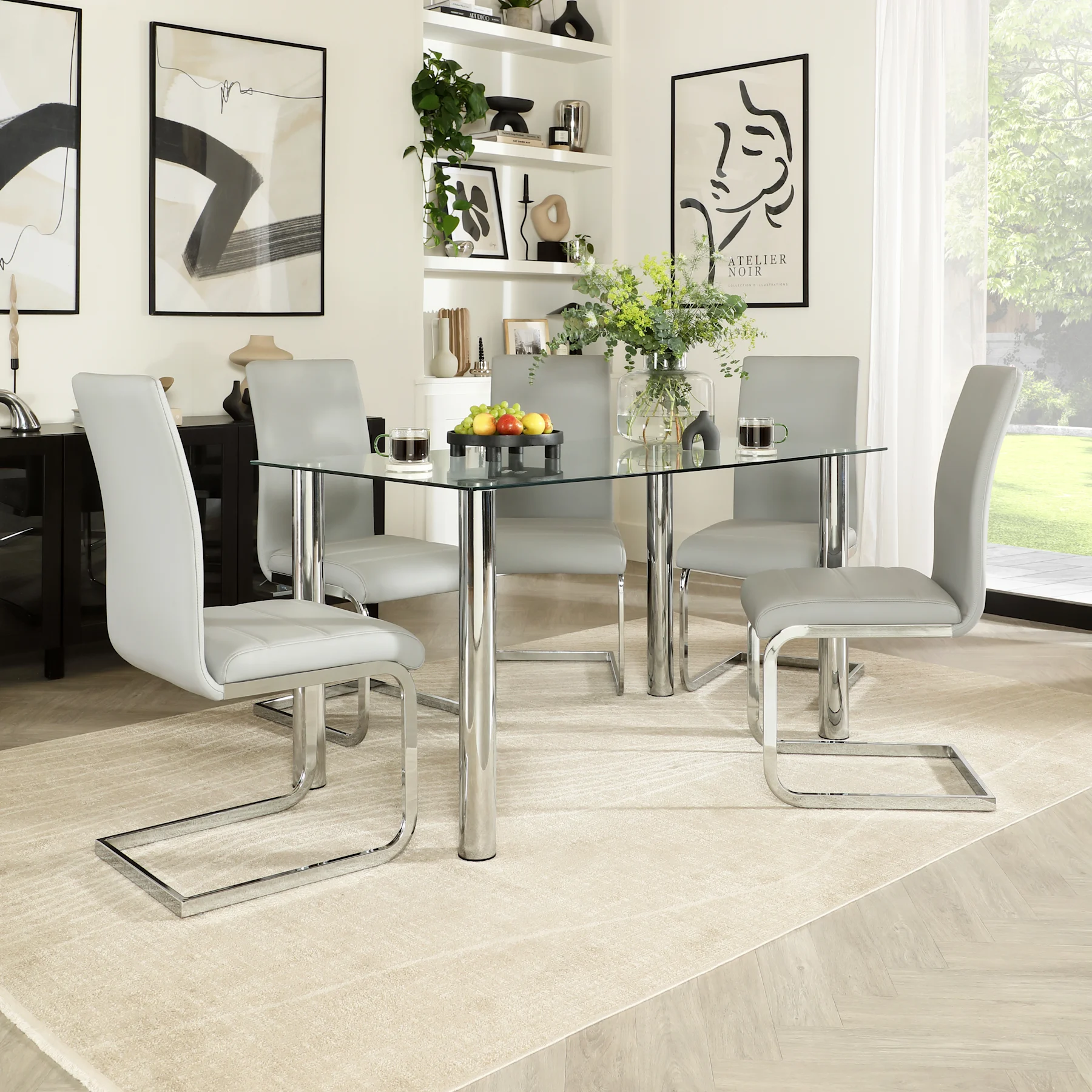 Lunar Dining Table & 4 Perth Chairs, Glass & Chrome, Light Grey Premium Faux Leather, 140cm