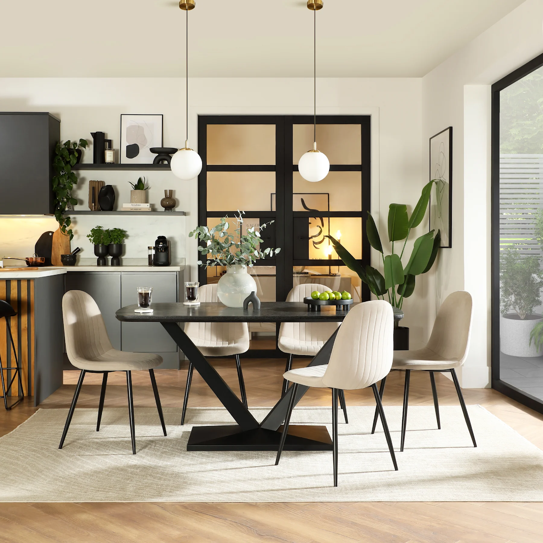 Avanta Dining Table & 4 Brooklyn Dining Chairs, Black Oak Effect & Black Steel, Champagne Classic Velvet, 160cm