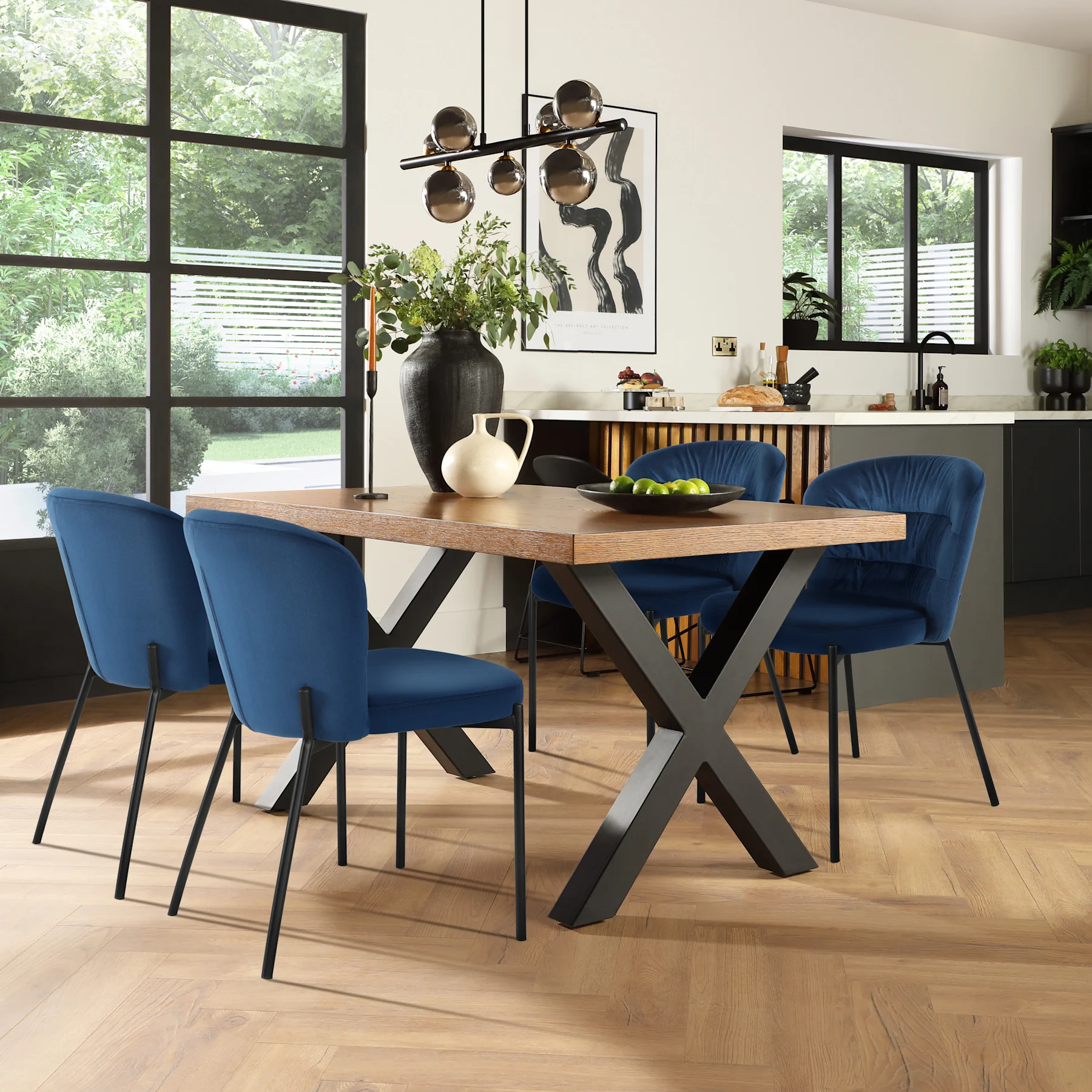 Franklin Industrial Dining Table & 4 Gianna Chairs, Dark Oak Veneer & Black Steel, Blue Classic Velvet, 150cm