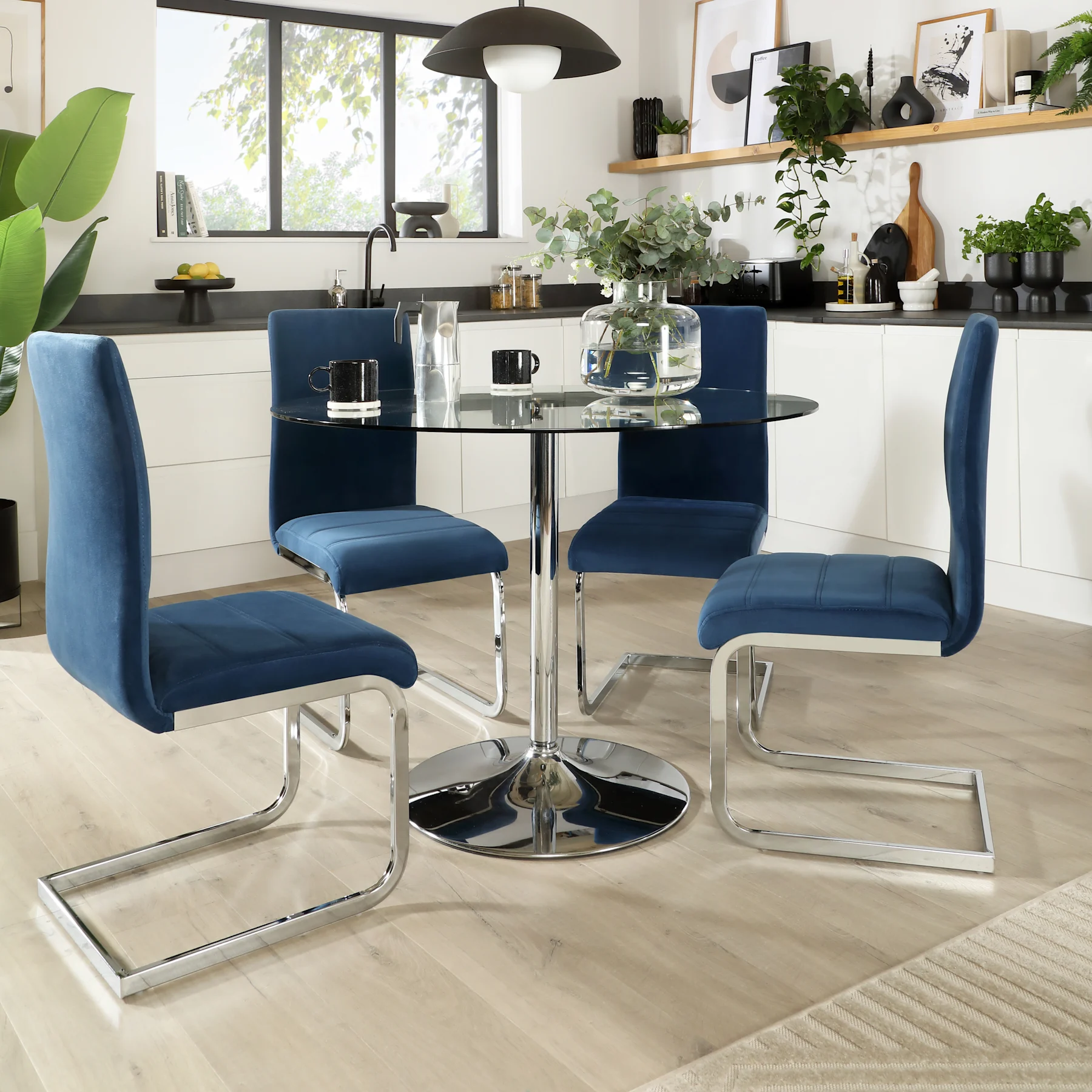 Orbit Round Dining Table & 4 Perth Chairs, Glass & Chrome, Blue Classic Velvet, 110cm