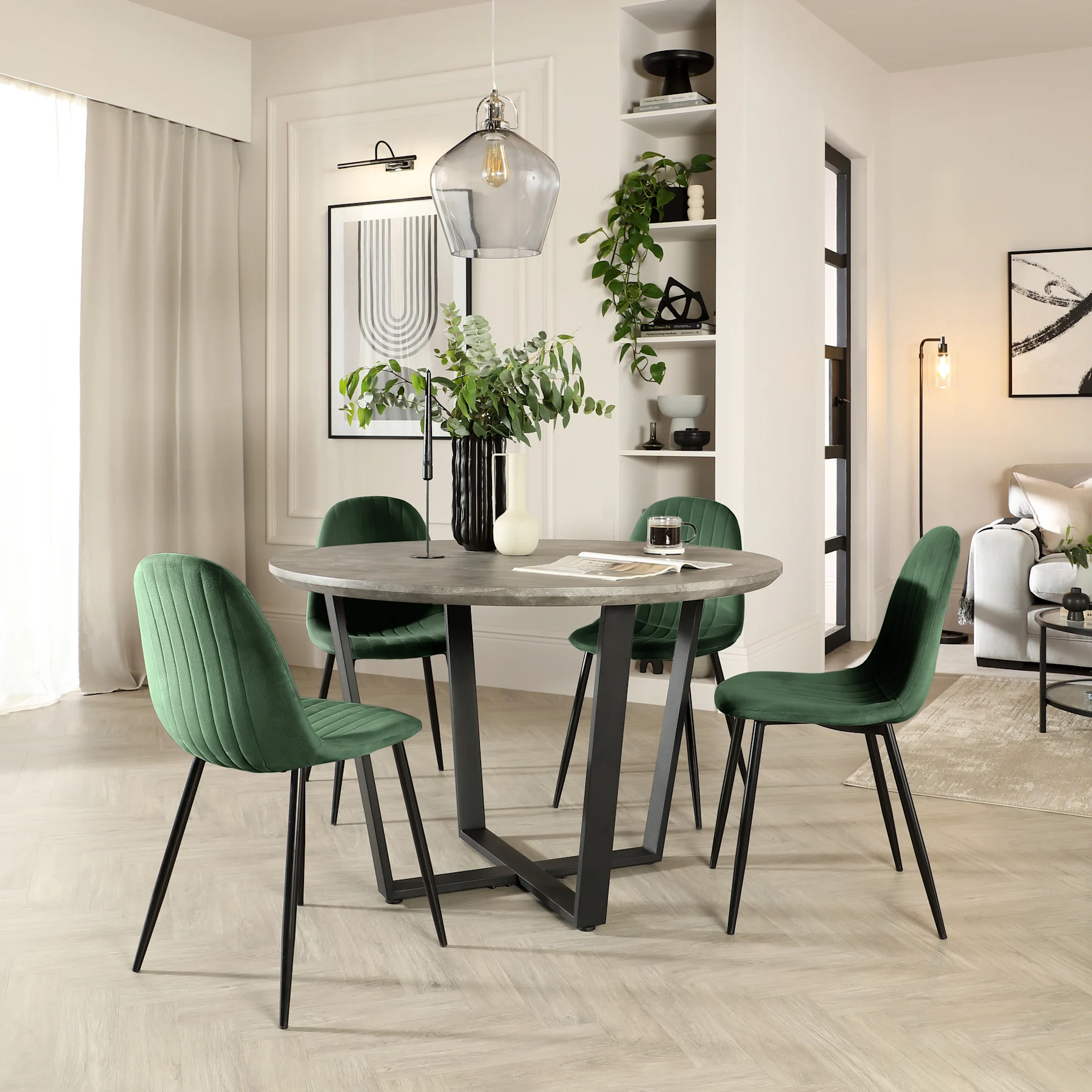 Traviso Round Dining Table & 4 Brooklyn Chairs, Industrial Concrete Effect & Black Steel, Moss Green Classic Velvet, 120cm