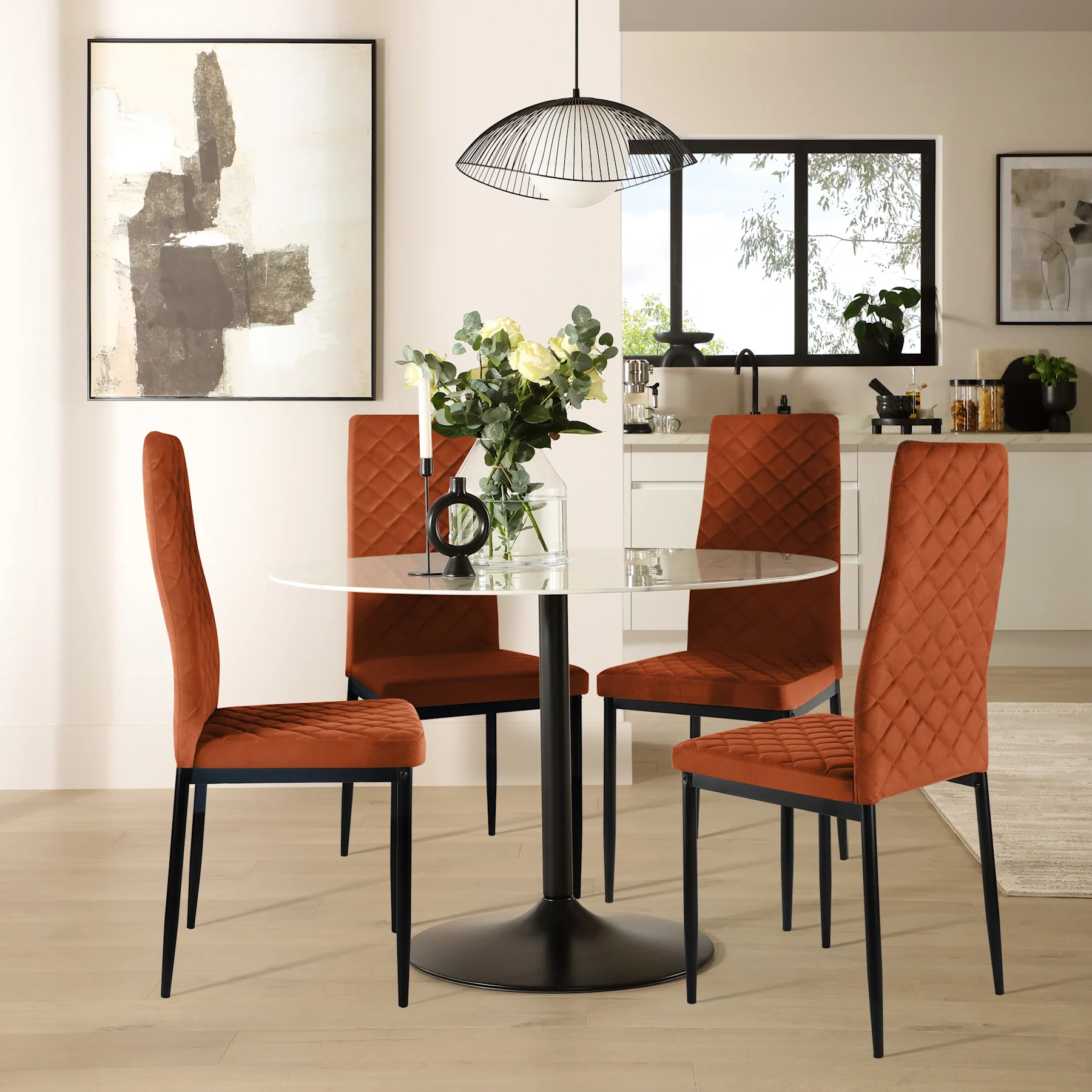 Orbit Round Dining Table & 4 Renzo  Chairs, White Marble Effect & Black Steel, Burnt Orange Classic Velvet, 150cm