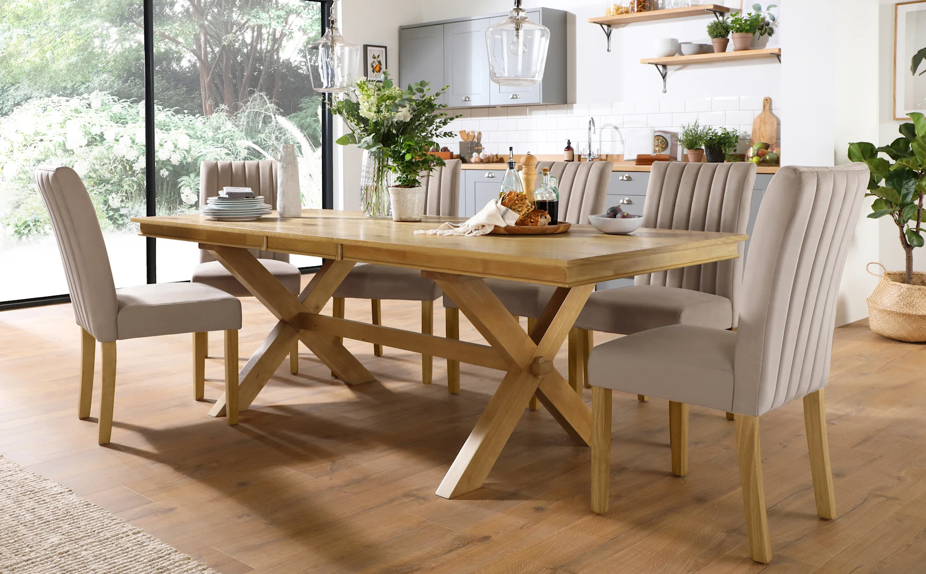 Grange Extending Dining Table & 8 Salisbury Chairs, Natural Oak Veneer & Solid Hardwood, Beige Classic Plush Fabric & Natural Oak Finished Solid Hardwood, 180-220cm