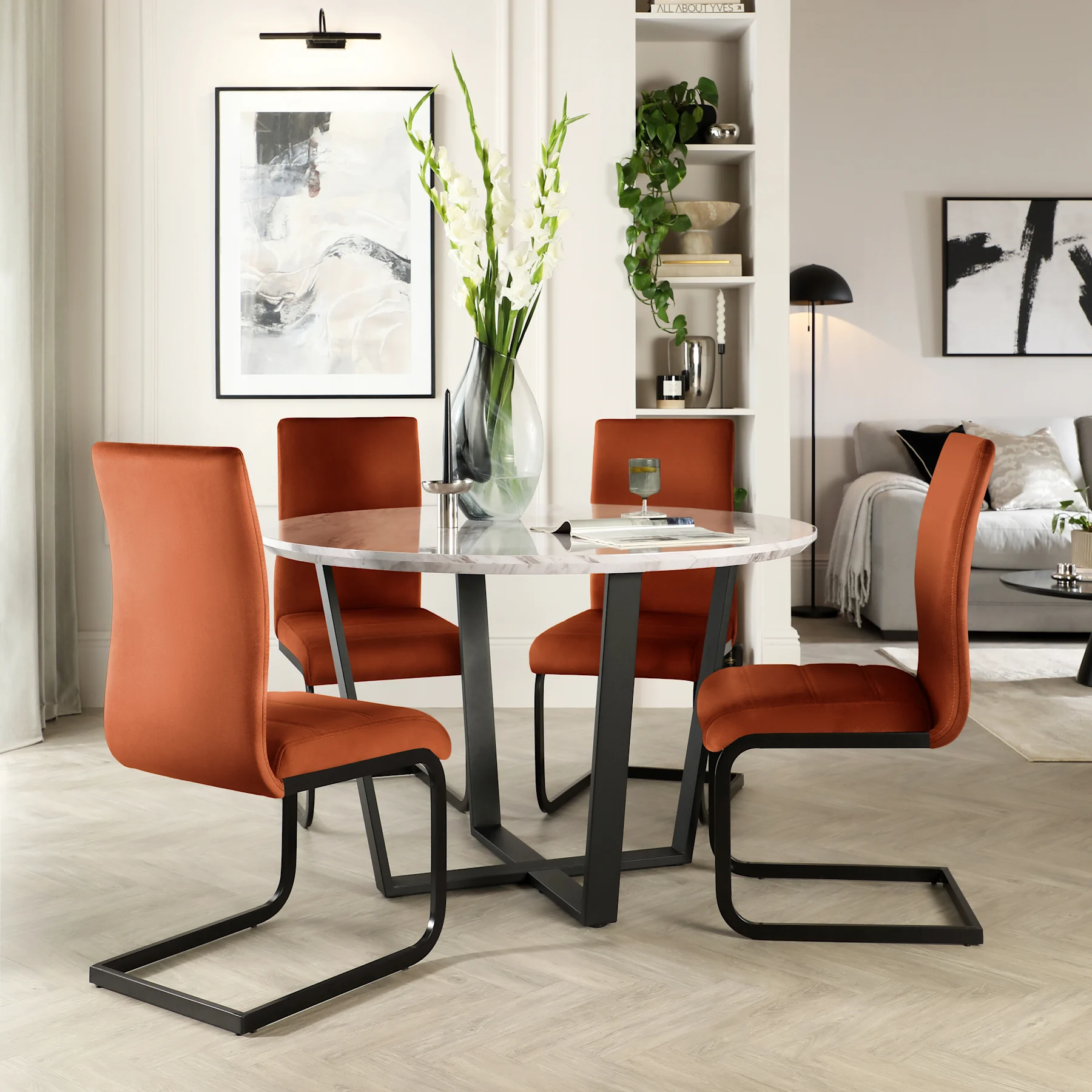 Traviso Round Dining Table & 4 Perth Chairs, Grey Marble Effect & Black Steel, Burnt Orange Classic Velvet, 120cm