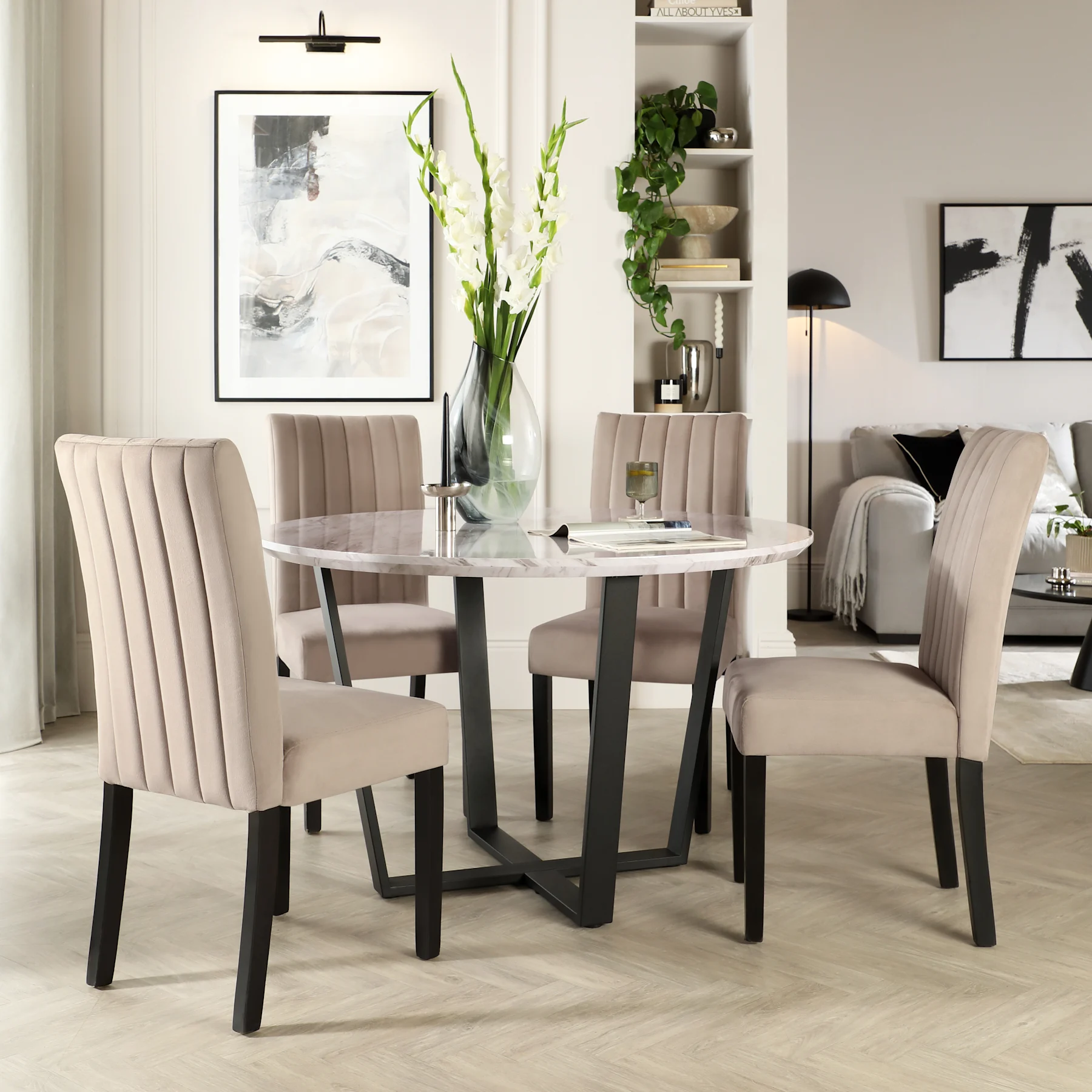 Traviso Round Dining Table & 4 Salisbury Chairs, Grey Marble Effect & Black Steel, Beige Classic Plush Fabric & Black Solid Hardwood, 120cm