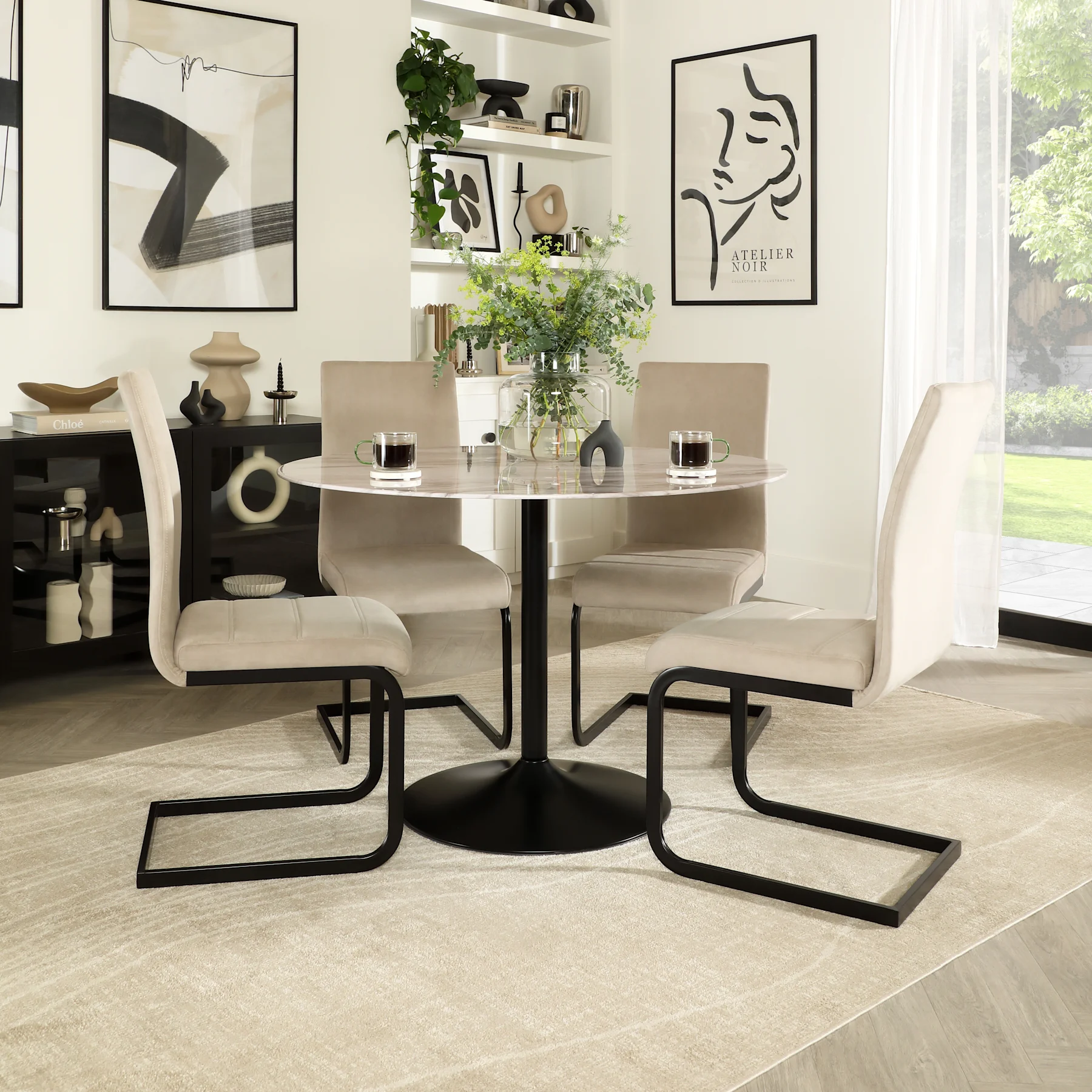 Orbit Round Dining Table & 2 Perth Chairs, Grey Marble Effect & Black Steel, Champagne Classic Velvet, 110cm