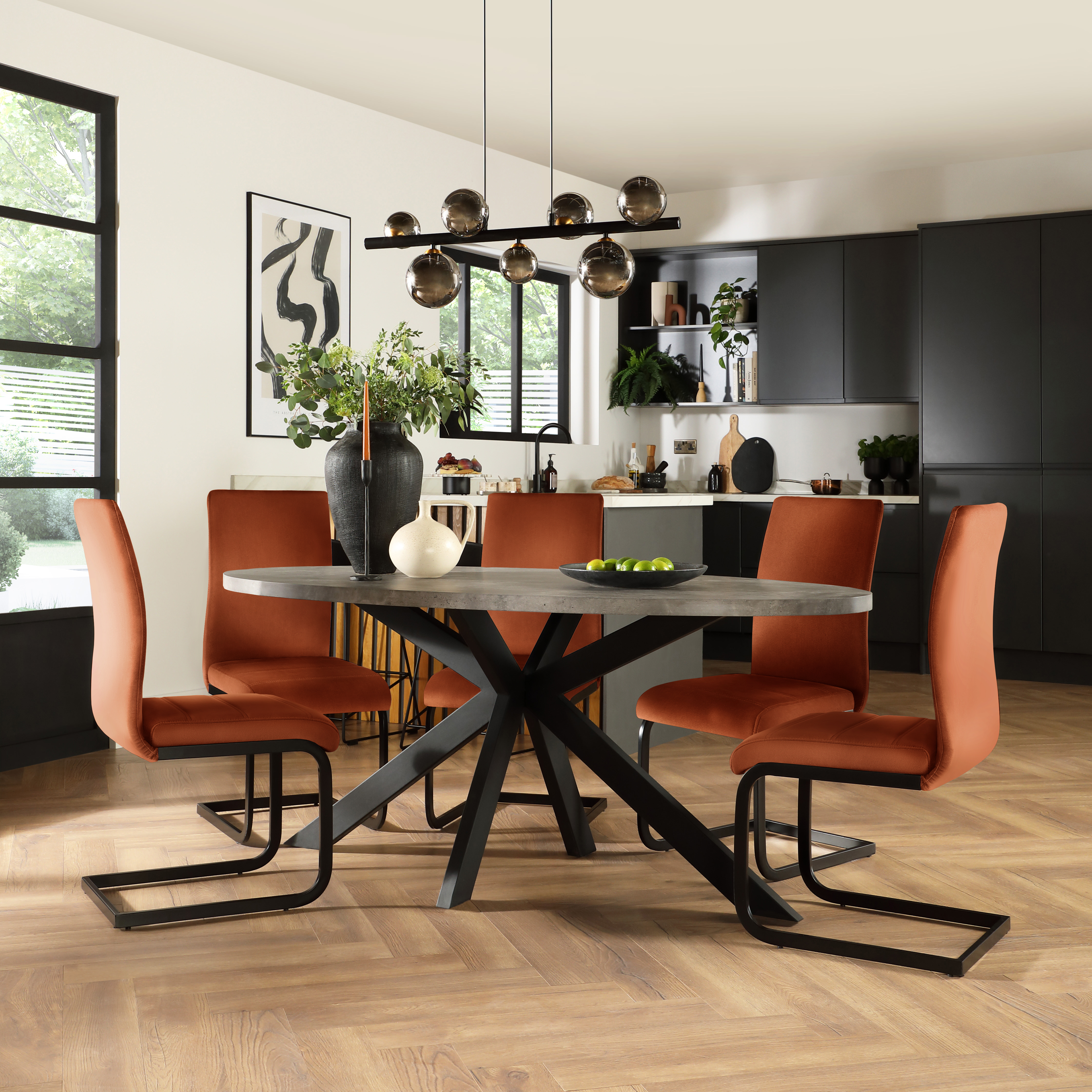Madison Oval Industrial Dining Table & 6 Perth Chairs, Grey