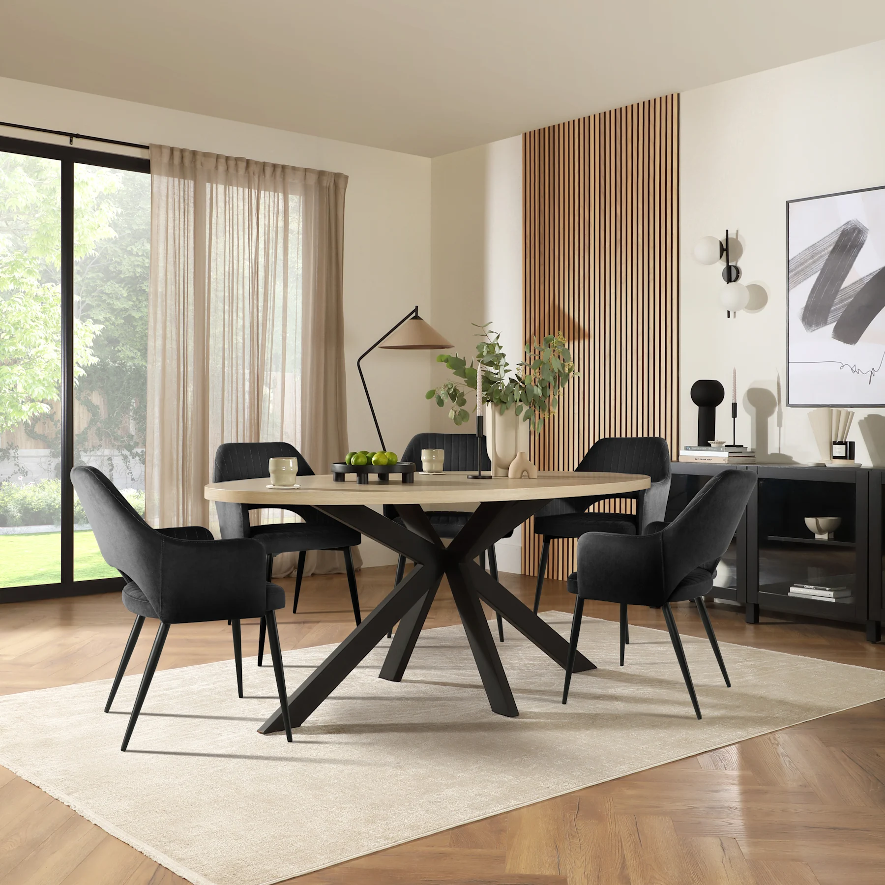Madison Oval Dining Table & 6 Clara Chairs, Light Oak Effect & Black Steel, Black Classic Velvet, 180cm