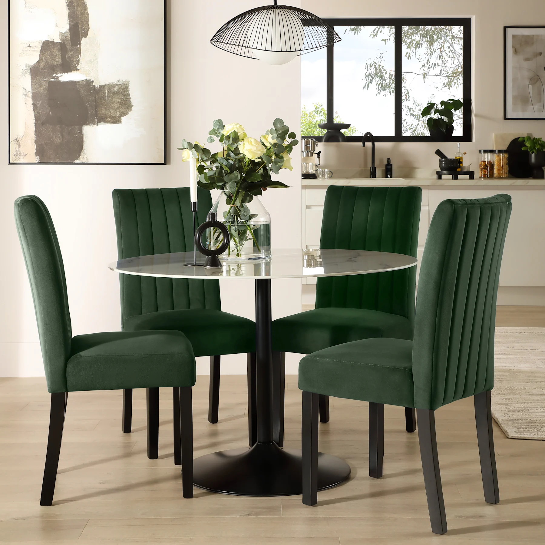 Orbit Round Dining Table & 4 Salisbury Dining Chairs, White Marble Effect & Black Steel, Moss Green Classic Velvet & Black Solid Hardwood, 110cm