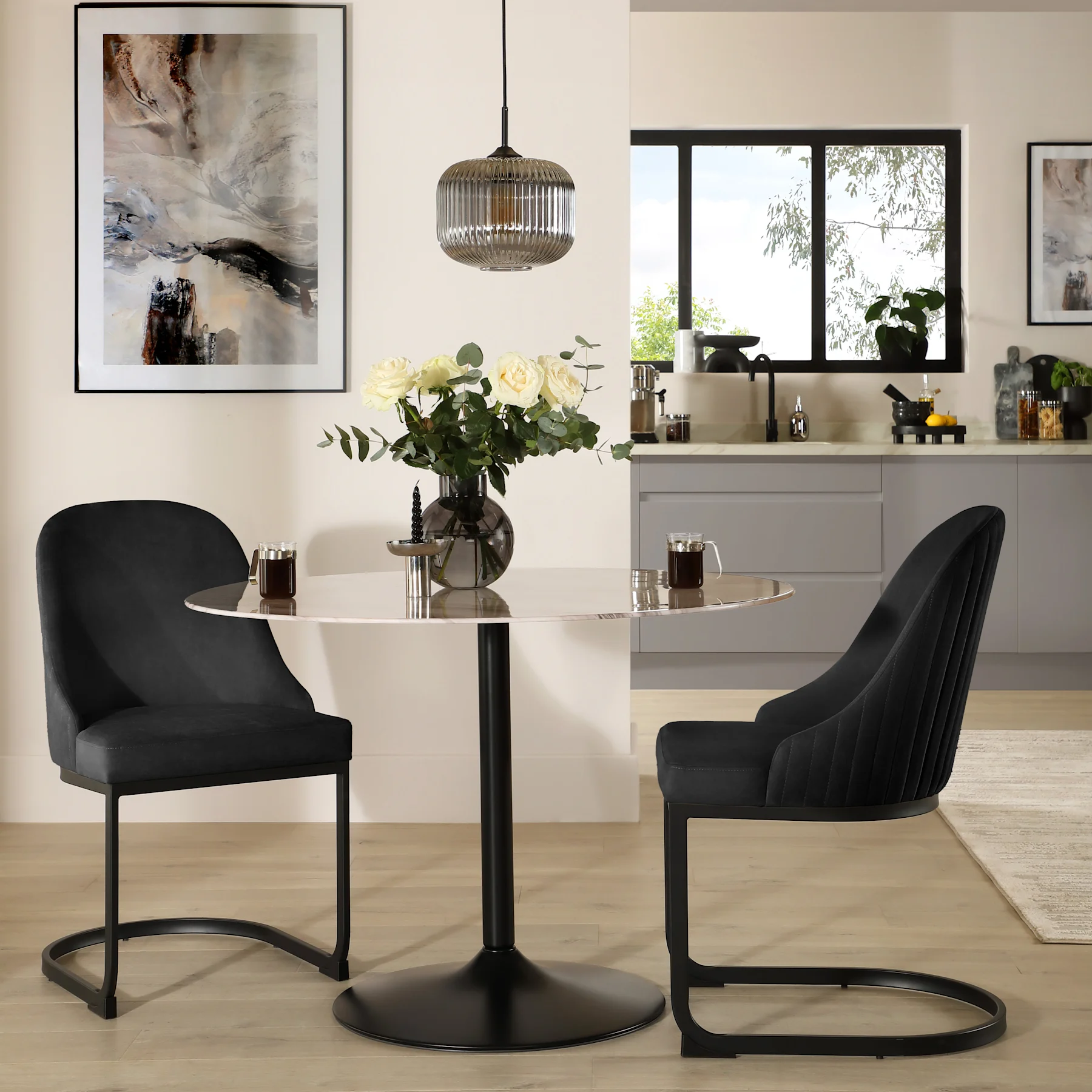 Orbit Round Dining Table & 2 Riva Chairs, Grey Marble Effect & Black Steel, Black Classic Velvet, 110cm