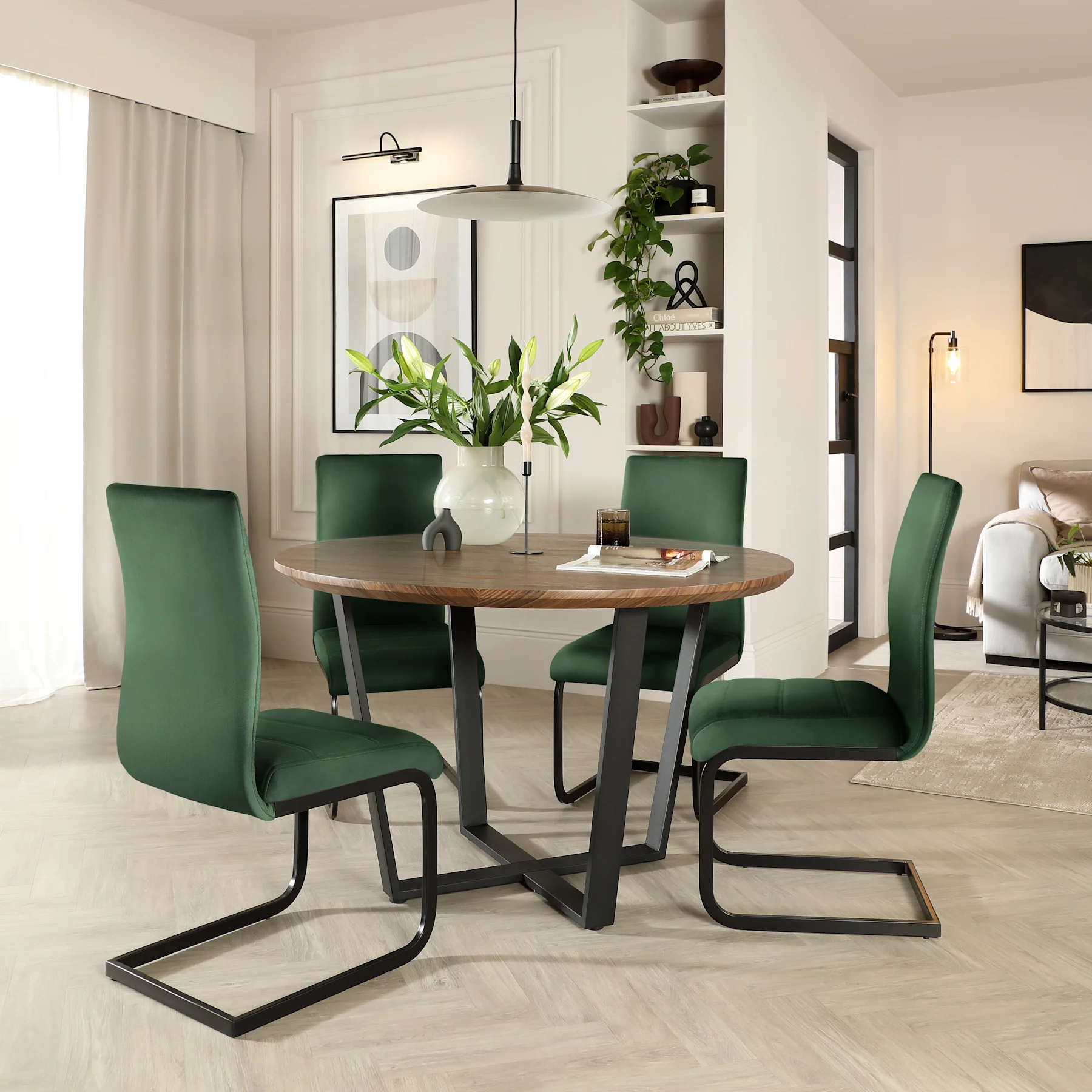 Traviso Round Industrial Dining Table & 4 Perth Chairs, Walnut Effect & Black Steel, Moss Green Classic Velvet, 120cm
